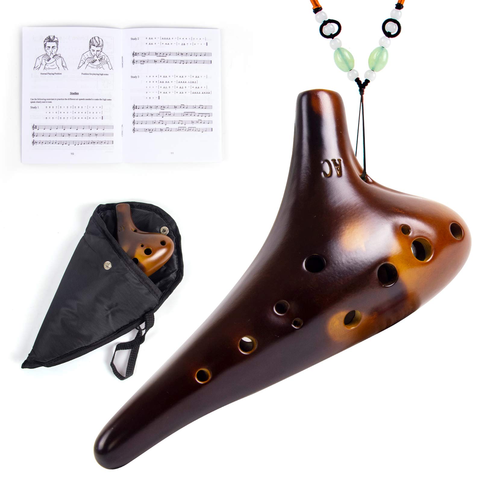 Horse Ocarina 12 trous Alto C Céramique avec sac de transport Sangle pour livre de musique (Marron)