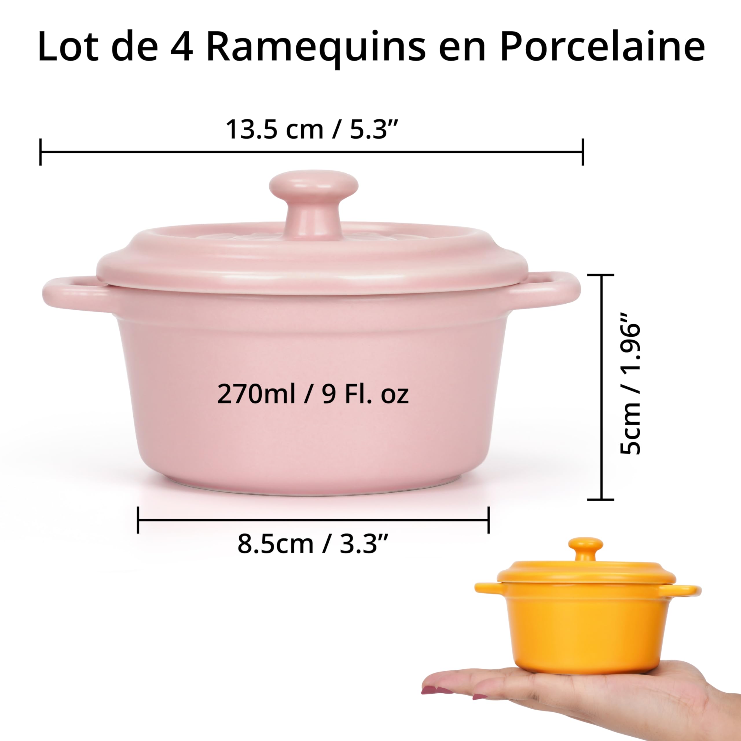 Winter Shore Mini Cocotte Individuelle de 270 ml en Porcelaine avec Couvercles & Poignées [Lot de 4] - Ramequin Four Empilable - Adaptés aux Micro-ondes, Congélateur & Lave-vaisselle - 4 Couleurs