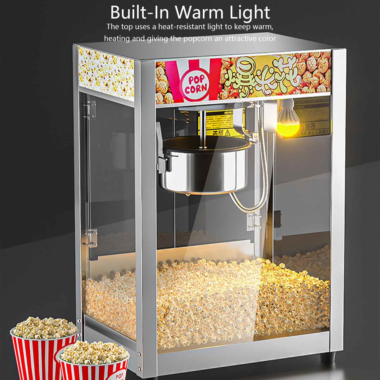 Máquina Comercial para Hacer Palomitas de Maíz, 1250 W, para Encimera, con Control de 3 interruptores y Marco de Acero, Puertas de Vidrio Templado