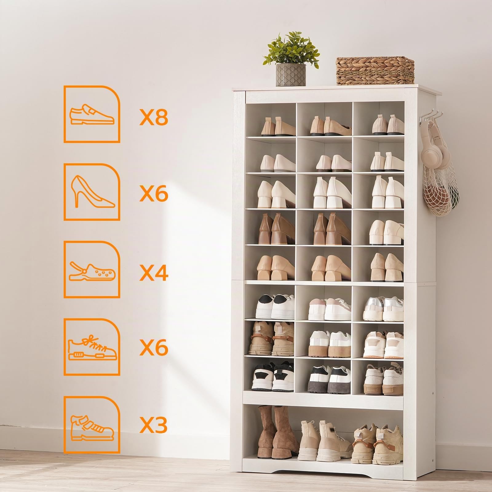 HOOBRO Schuhschrank mit 24 Fächern und 3 Haken, 9-stöckiges hohes Schuhregal, Schuhaufbewahrung, Schuhkommode, für Eingangsbereich, Kleiderschrank, Wohnzimmer, Weiß EWT24SC01