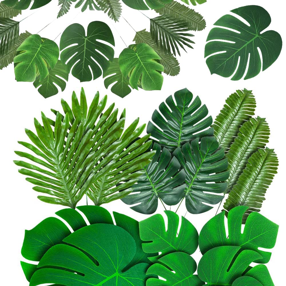 ARIATI 60 pieces of fake leaves, tropical palm leaves, monstera leaves, artificial leaves for safari parks, Hawaiian dinosaurs, banquet table decoration, wedding and birthday themed parties