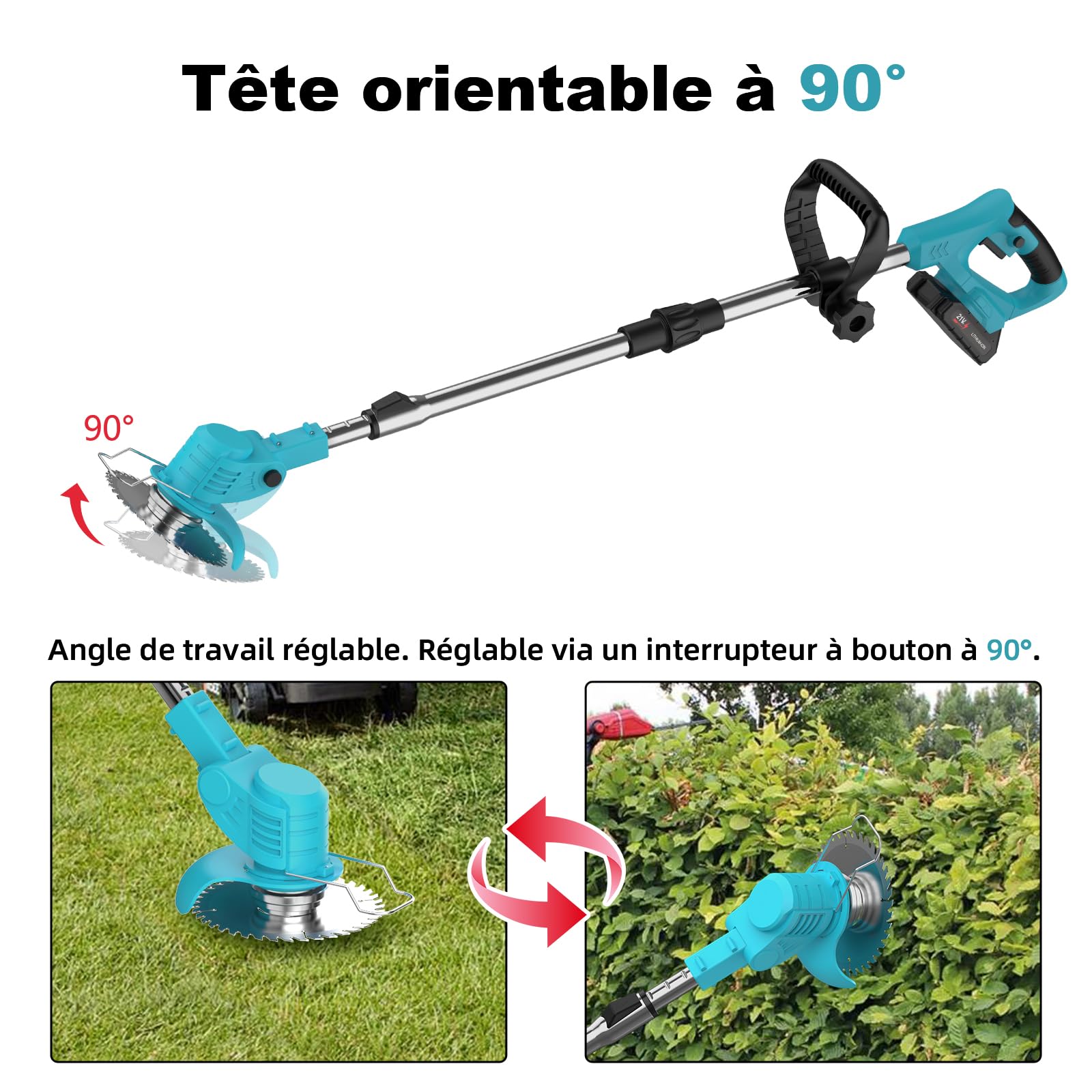 Débroussailleuse Électrique sans Fil, 21V Coupe Bordure sans Fil avec Batterie, Équipé de 2 Batteries 2.0Ah, 4 Lames Efficaces et Poignée Réglable, pour la Maison, la Cour, Le Jardin