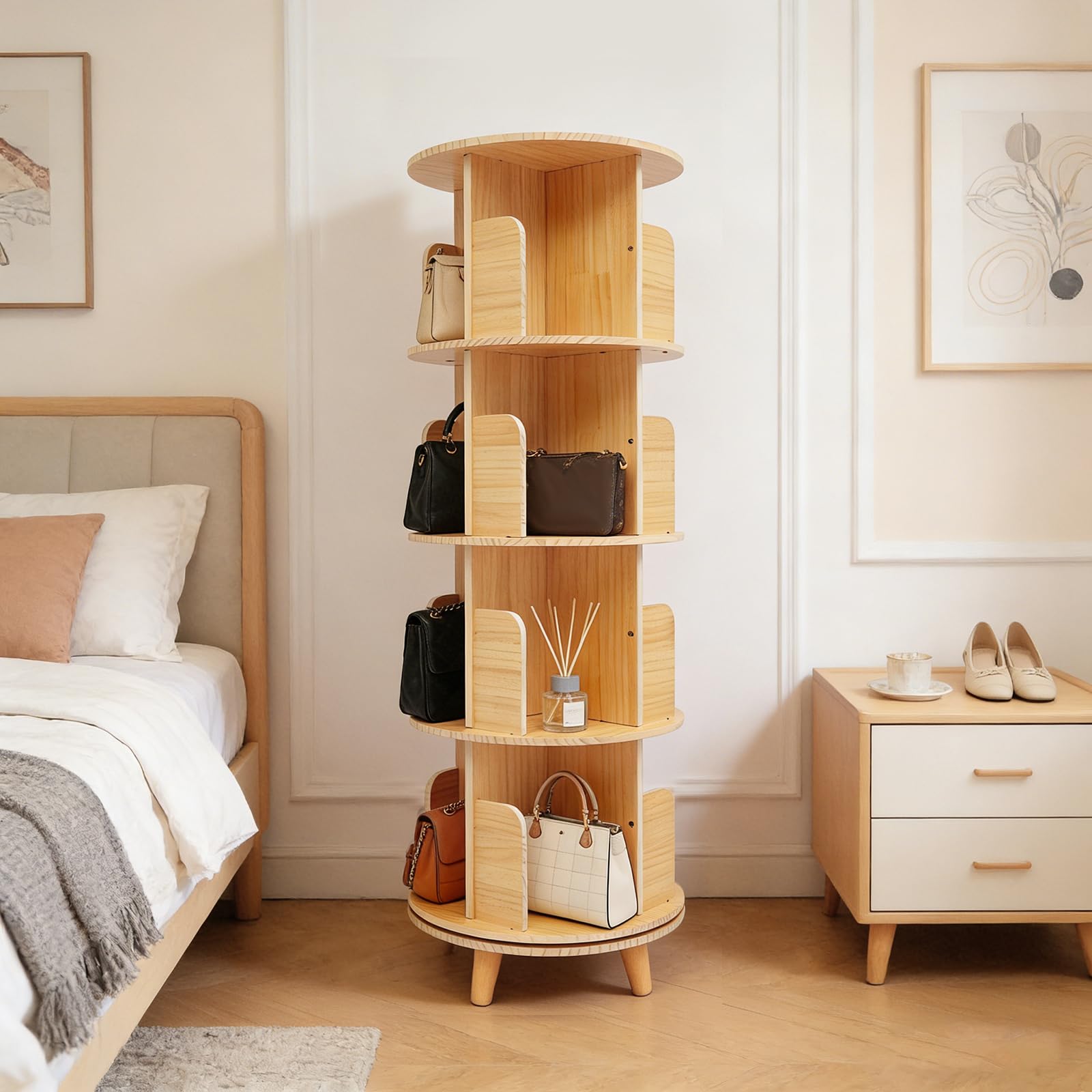 Libreria girevole a 4 livelli, scaffale a 360 gradi, libreria angolare in legno, per biblioteca, camera da letto, soggiorno, libreria multifunzionale, in legno massiccio