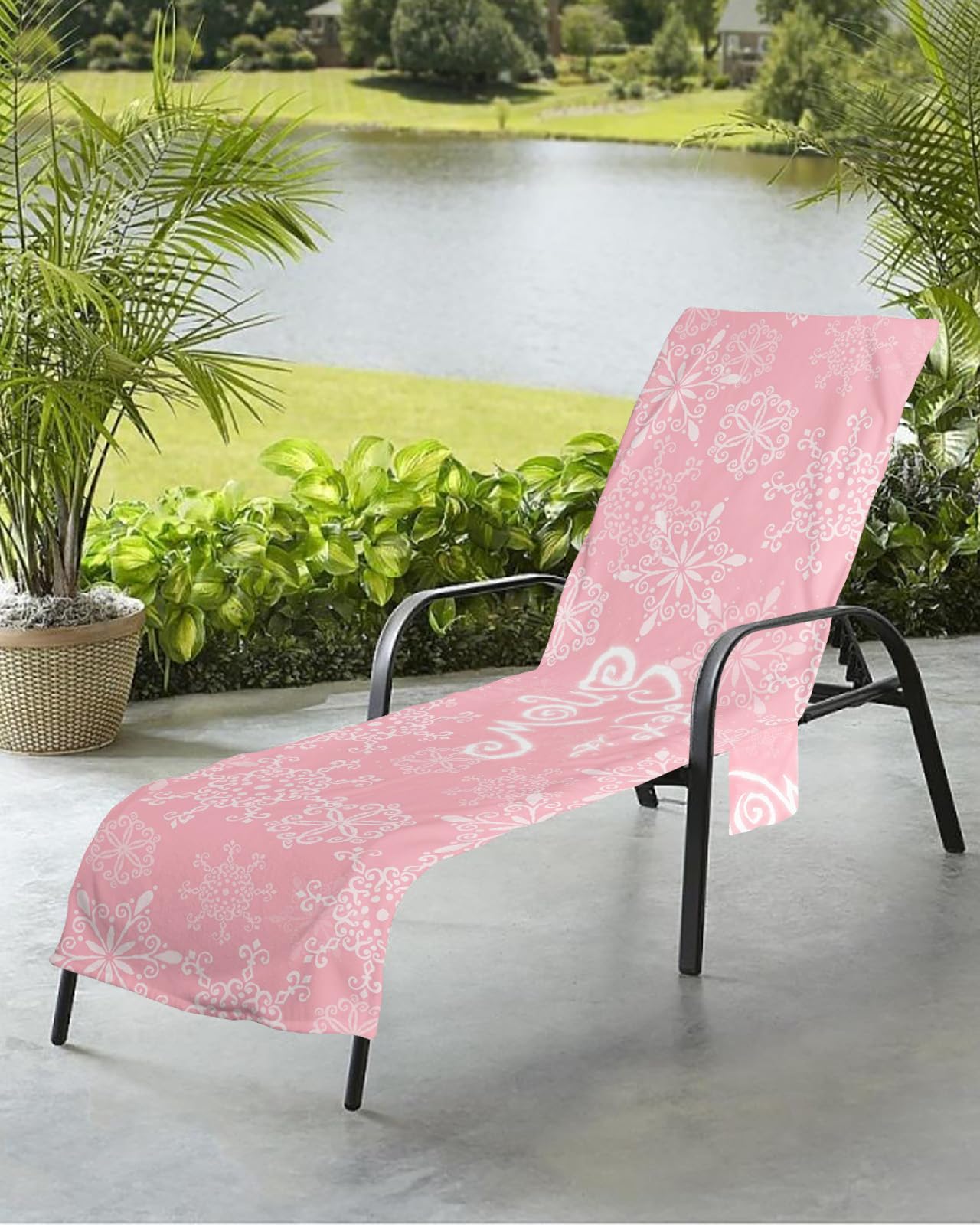 Pink Snowflake Beach Chair Towel Covers for Chaise Lounge with Side Pocket, Soft Plush Pool Towels Cover for Patio Sunbathing Outdoor 29''x85'' Merry Christmas Fantasy Winter Holiday