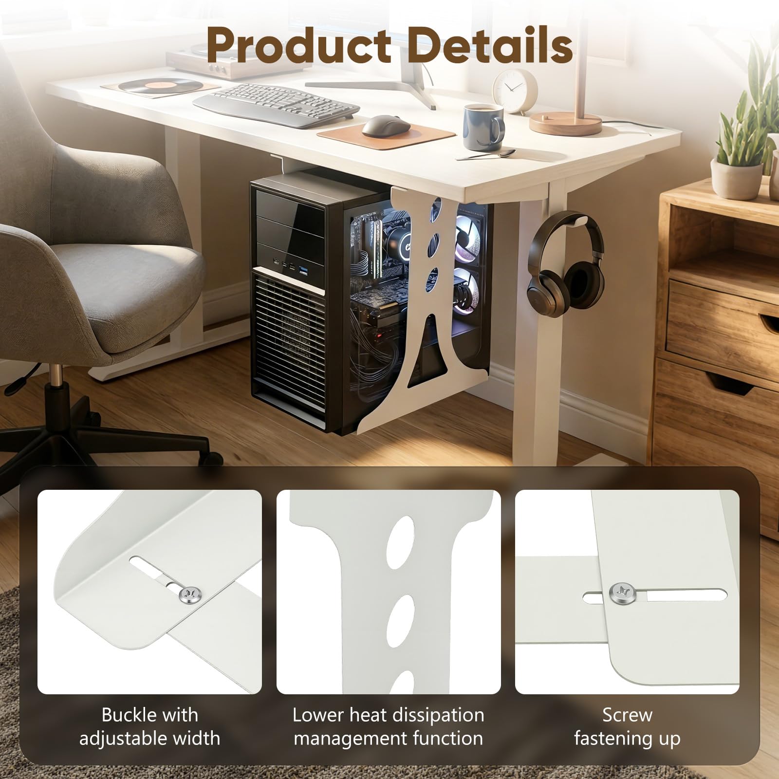 Supporto PC Sotto Scrivania,Supporto per PC,Larghezza Regolabile 15-23 cm,Fino a 30 kg,Per Molti Case PC,Eccellente Circolazione dell'Aria,Ideale per Ufficio,Casa,Aula,Montaggio Facile (Bianco)