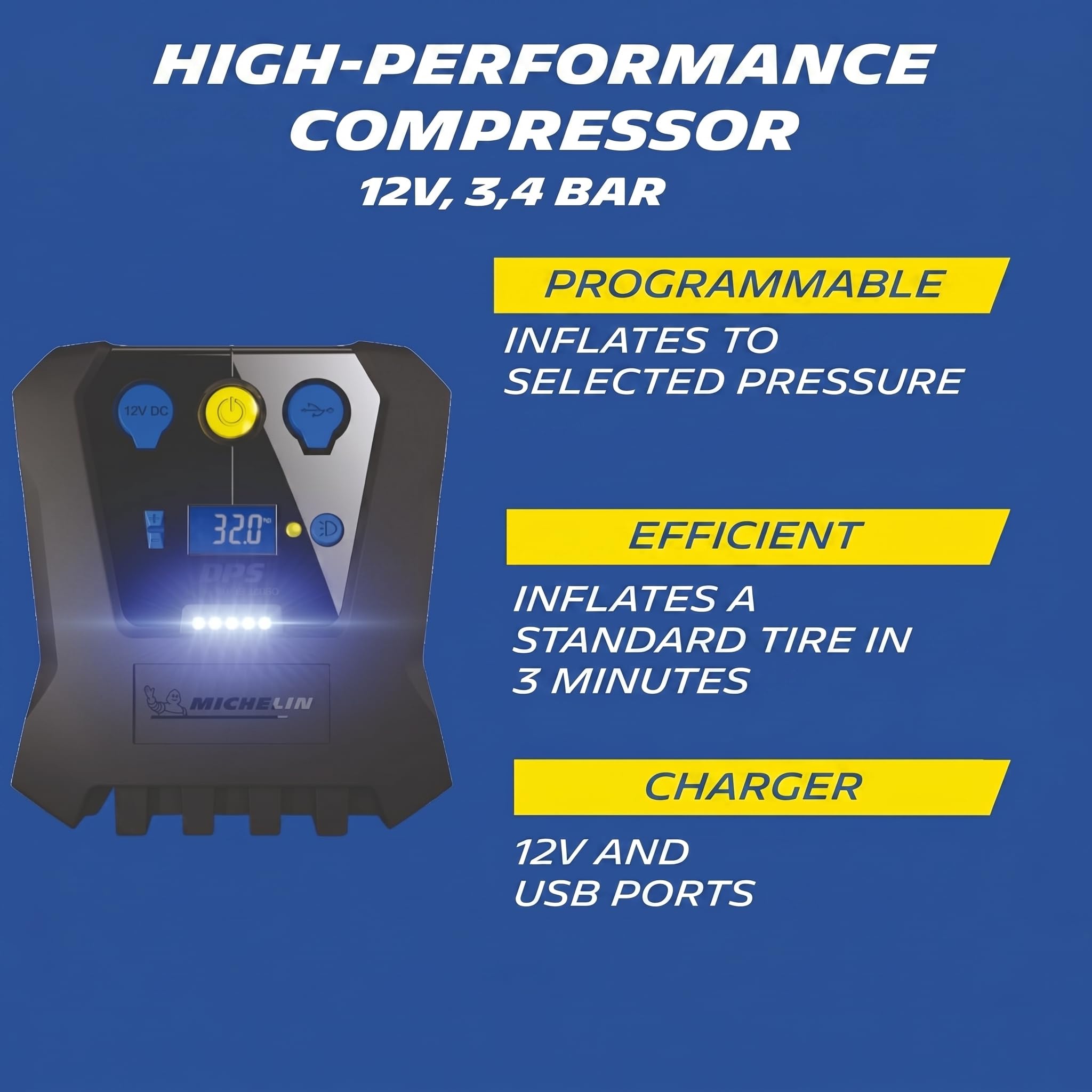 MICHELIN 009519 Compresseur à Air 12 V Programmable – 7 Bars – Gonflage Pneus de Voiture en 3 Minutes – Arrêt Automatique - Manomètre Digital – Robuste Compact – LED - Livré avec Embouts adaptateurs