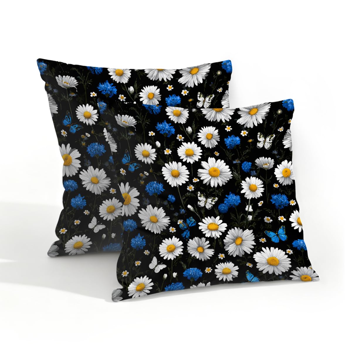 Outdoor Pillow Covers Waterproof Pillowcases 18x18in Set of 2 Daisy Floral Wildflowers On Black Decorative Throw Cushion Case for Couch Sofa Garden Patio Furniture