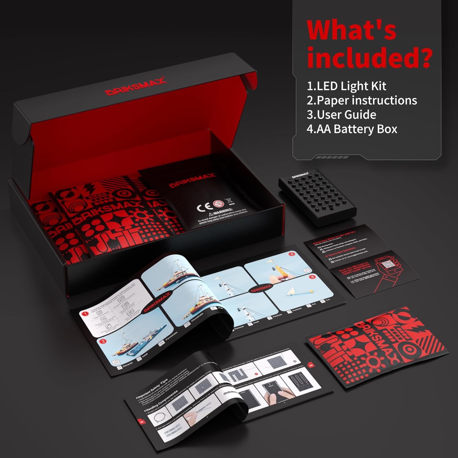 Contents of the BRIKSMAX 2.0 Light Kit package, including LED lights, instructions, USB cable, and battery box.