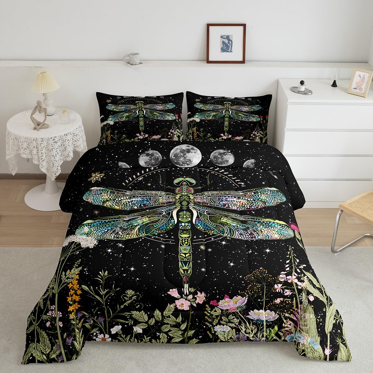 Feelyou Wildflower Dragonfly Bedding Set for Boys Girl King,Moon Phase Botanical Kids Comforter Vintage Plant Nature Blossom Floral Garden Herbs Leaves Comforter Set,Bohemian Soft Quilt Set Decor