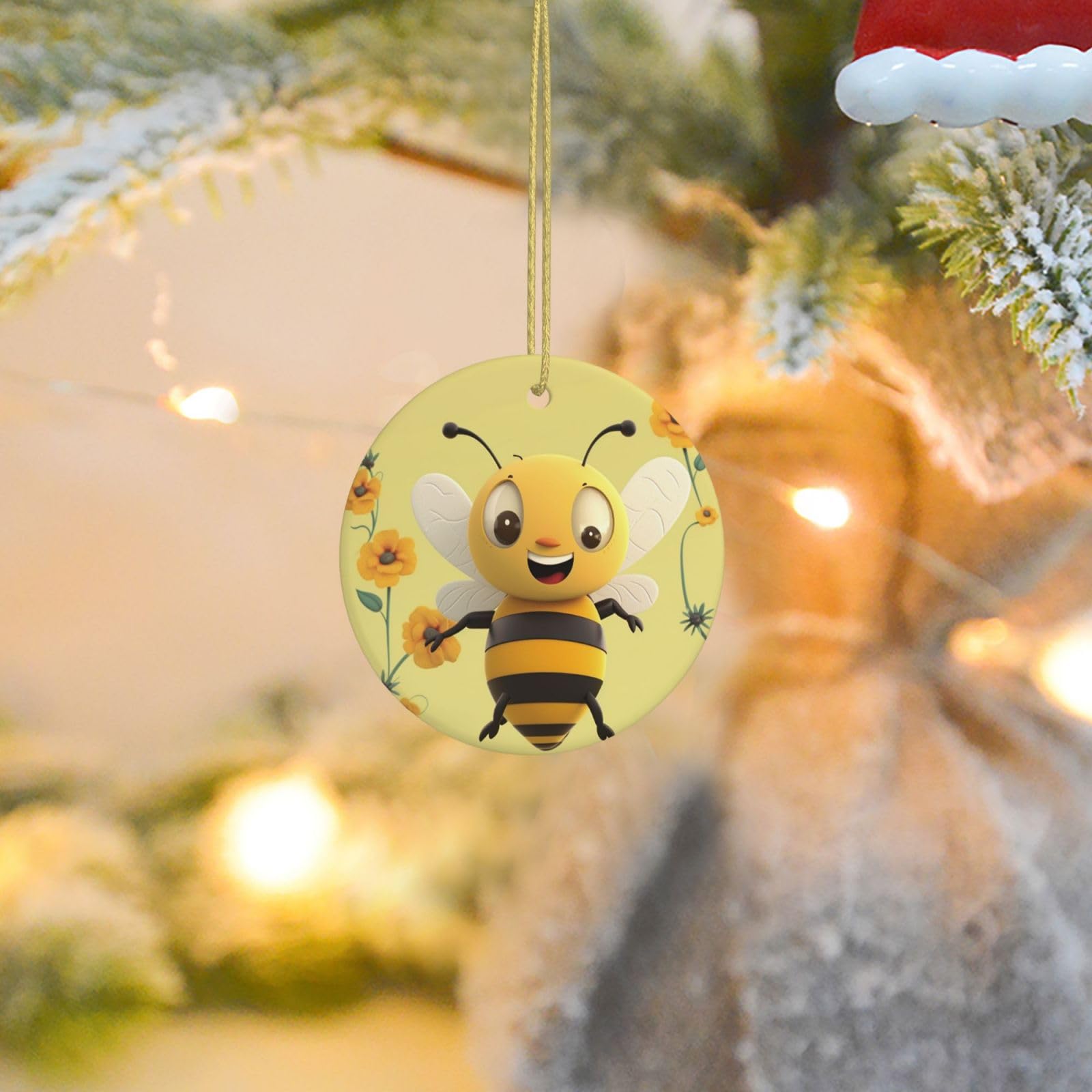 Christmas Tree Ornaments Ceramics Christmas Round Decorations Happy bee Ceramics Ornaments Circle Pentagram Xmas Tree Hanging Pendant for Christmas Tree Party Holiday Home Decor