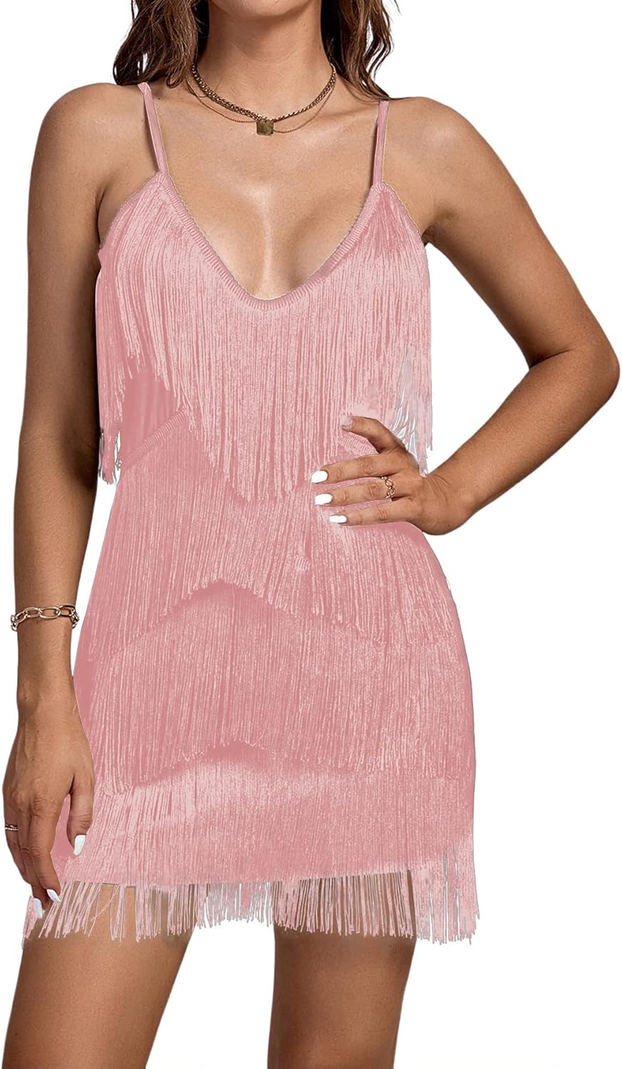 Umenlele Women's Layered Fringe Deep V Neck Cami Mini Dress Sleeveless Tassels Flapper Dresses - Image 4
