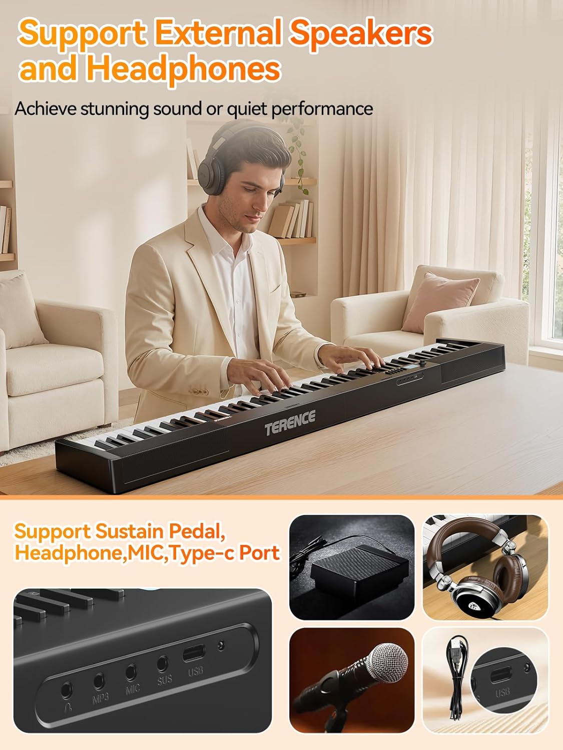 TERENCE V30 Portable Digital Piano 88 Key Weighted Keyboard Built-In 1800mAh Rechargeable Battery,Foldable Piano Keyboard with 2X5W Speakers,Music Stand,Sustain Pedal and Headphone for Beginners,Black
