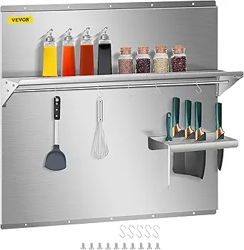 VEVOR Range Backsplash with Shelf 36 x 29.5 Inch Range Hood Wall Shield, Stainless Steel Backsplash Silver Splash Plate for Range Hood Stainless Backsplash with Built-in Storage Shelf and Hanging Rack