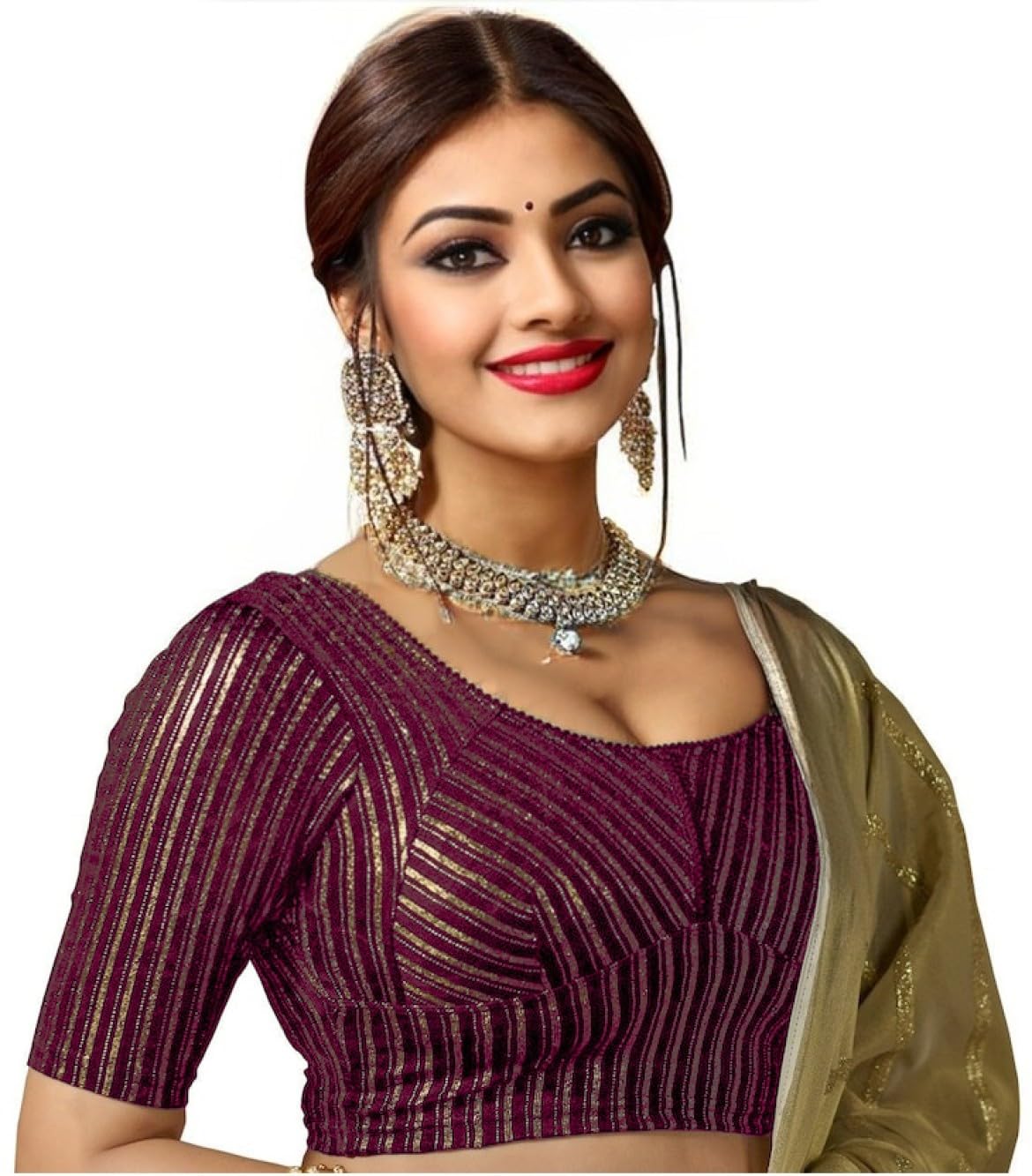 Round Neck Jacquard Striped Cotton Lycra Stretchable Elbow Sleeve Readymade Saree Blouse for Women Stylish_-image-45