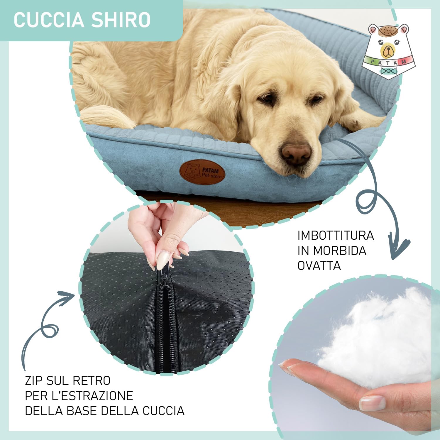 Cuccia Cane e Gatto Interno, Lettino Morbido Sfoderabile, Antiscivolo, Shiro Azzurro, Extra-Large 90x70x25 cm
