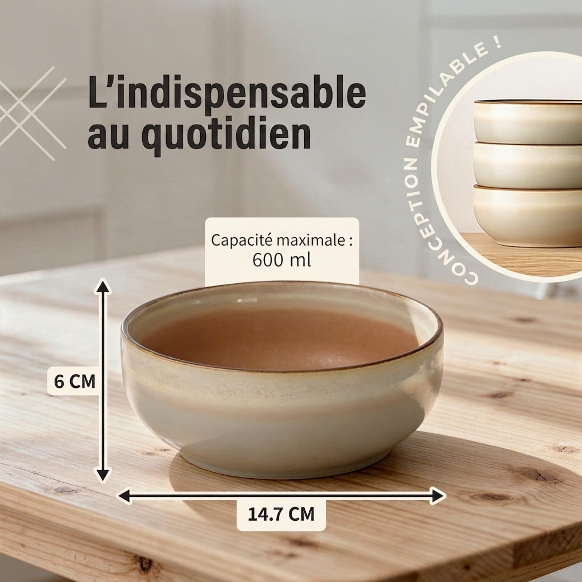 Ava Nord Lot de bols à céréales en céramique de 118 à 600 ml pour soupe, salade, dessert ou crème glacée – Empilables, passent au lave-vaisselle et au micro-ondes – Petits bols rustiques pour cuisine