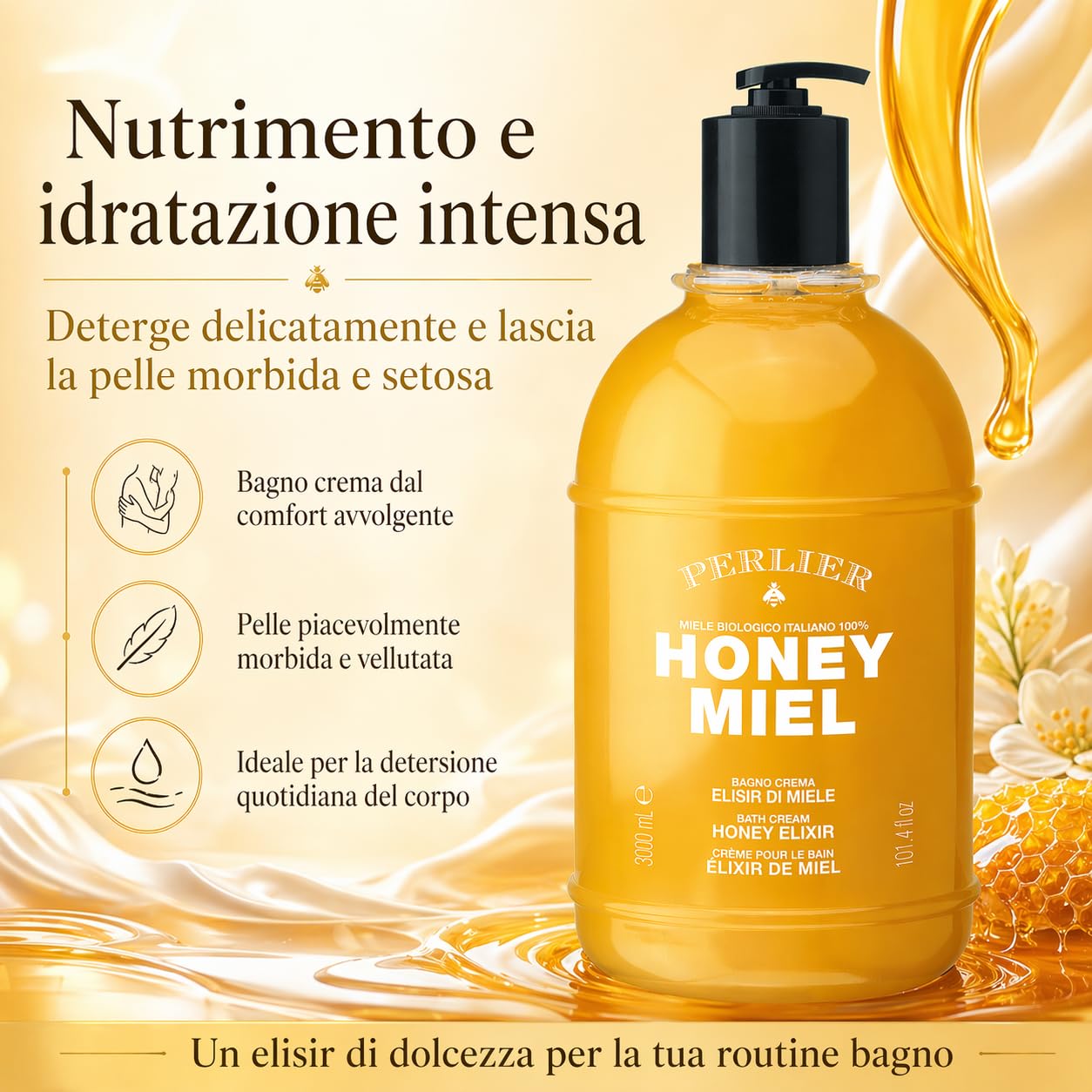 Perlier Honey Miel Bath Cream Miele - włoski miód organiczny 100% - 3000 ml z dozownikiem