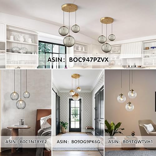 Miniatura 9 de Lámpara colgante de KCO Lighting Moderna de Oro con 3 Luces, Clúster de Globo de Vidrio Ahumado Grande, Lámpara de Araña de Latón Cepillo para Isla