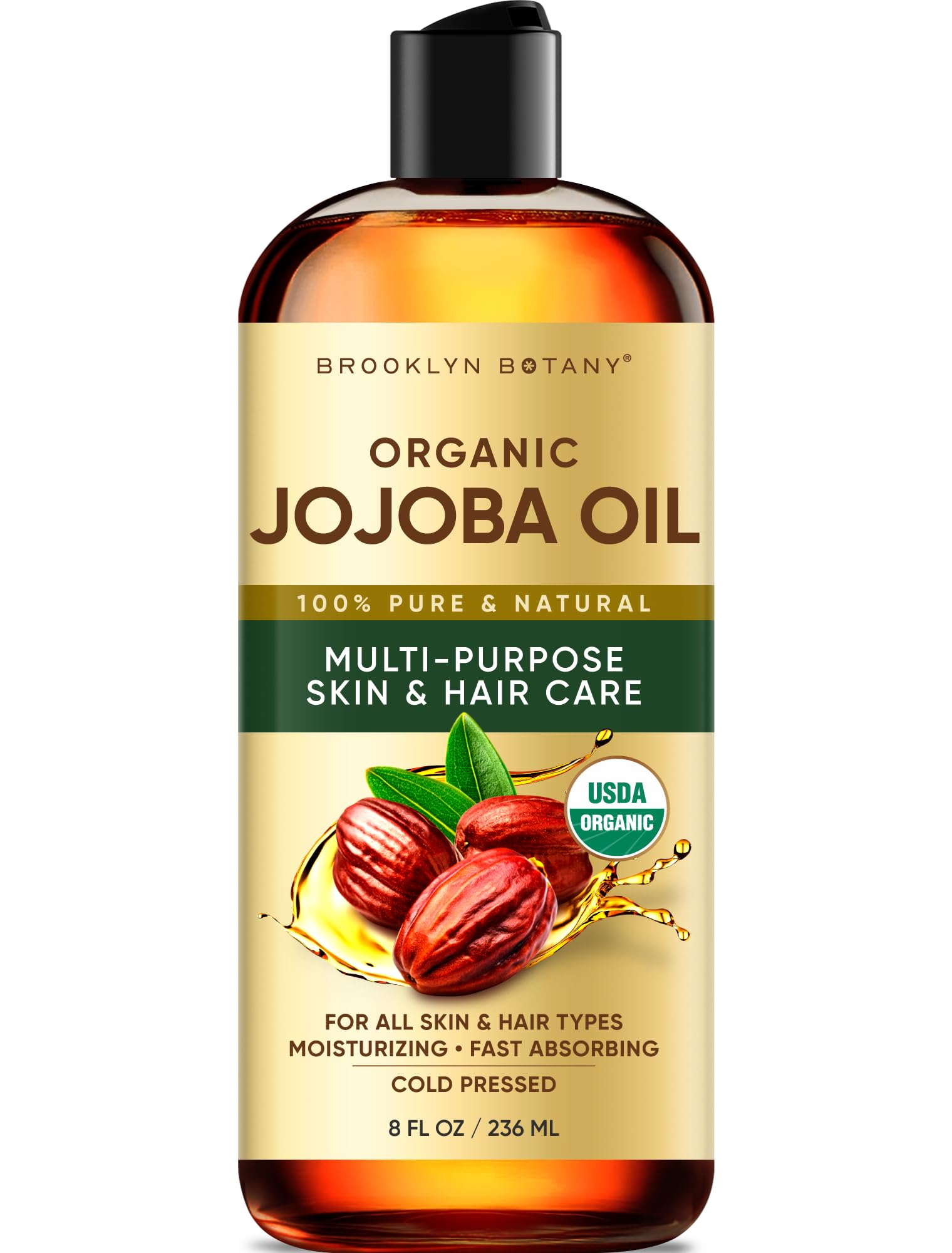 Brooklyn Botany Cold-Pressed Organic Jojoba Oil | for Skin, Hair and Face | 8 Fl Oz | 100% Pure and Natural | Carrier Oil for Essential Oils, Aromatherapy and Massage | Hexane Free