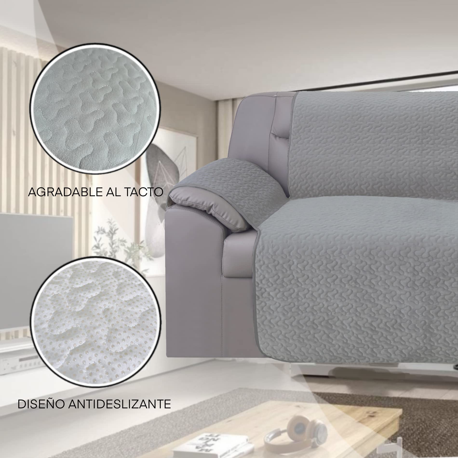 GFD Textiles - Cubre Sofa 4 Plazas 190 cm, Funda para Sofá Ajustable, Forros para Sofás Antideslizante, Fundas Sofá Acolchado, Protector Sofá Duradero Perros Gatos Mascotas (4 plazas, Gris)