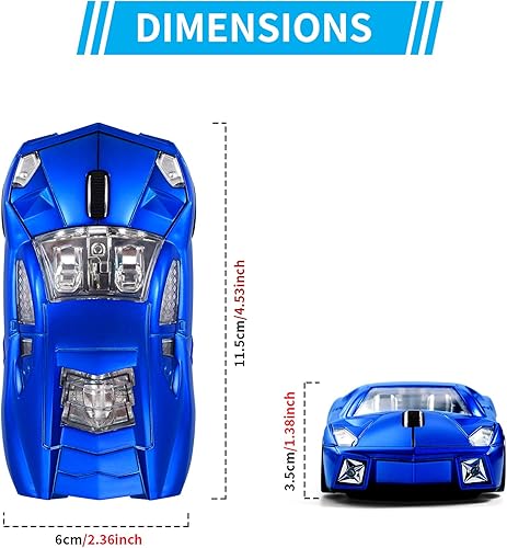 Miniatura 6 de Ratón de coche deportivo actualizado con faros LED, ratón inalámbrico en forma de coche de 1600 DPI para Mac y computadoras, azul