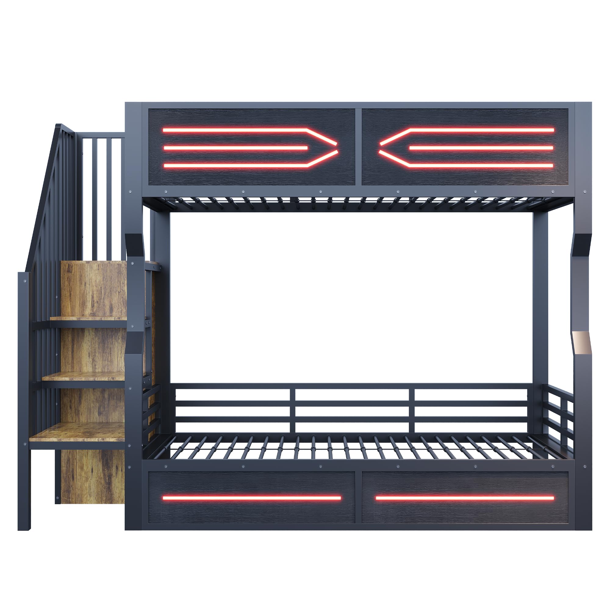 Sapgaks Lit superposé Enfant 90 × 200 cm avec LED,lit Mezzanine 2 Places,lit superposé 2 Places,lit Enfant avec Barriere,lit Double Enfant barrières latérales Hautes,avec Espace de Rangement (Noir-5)