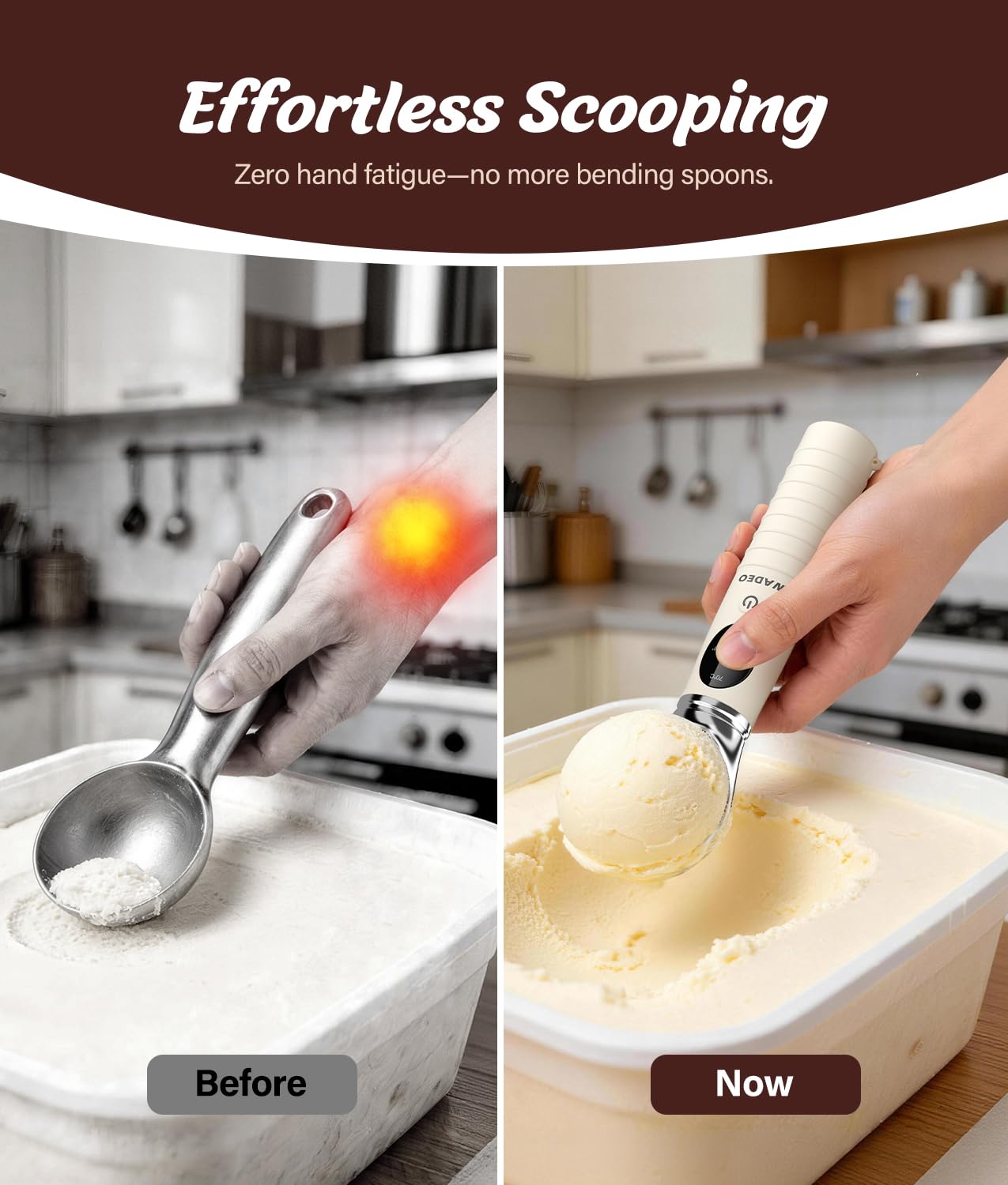 Cuillère à Glace Électrique, WADEO Cuillère à Crème Glacée Chauffante avec Écran LED, 4 niveaux de Chaleur 40-70°C & Étanche IP67, Tête Amovible Cuillère à Glace pour Prélever Facilement Glace Dure