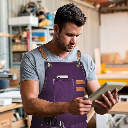 Miniatura 5 de Delantal de chef para hombres y mujeres, delantales de lona con 3 bolsillos traseros cruzados, delantal de trabajo resistente para cocinar