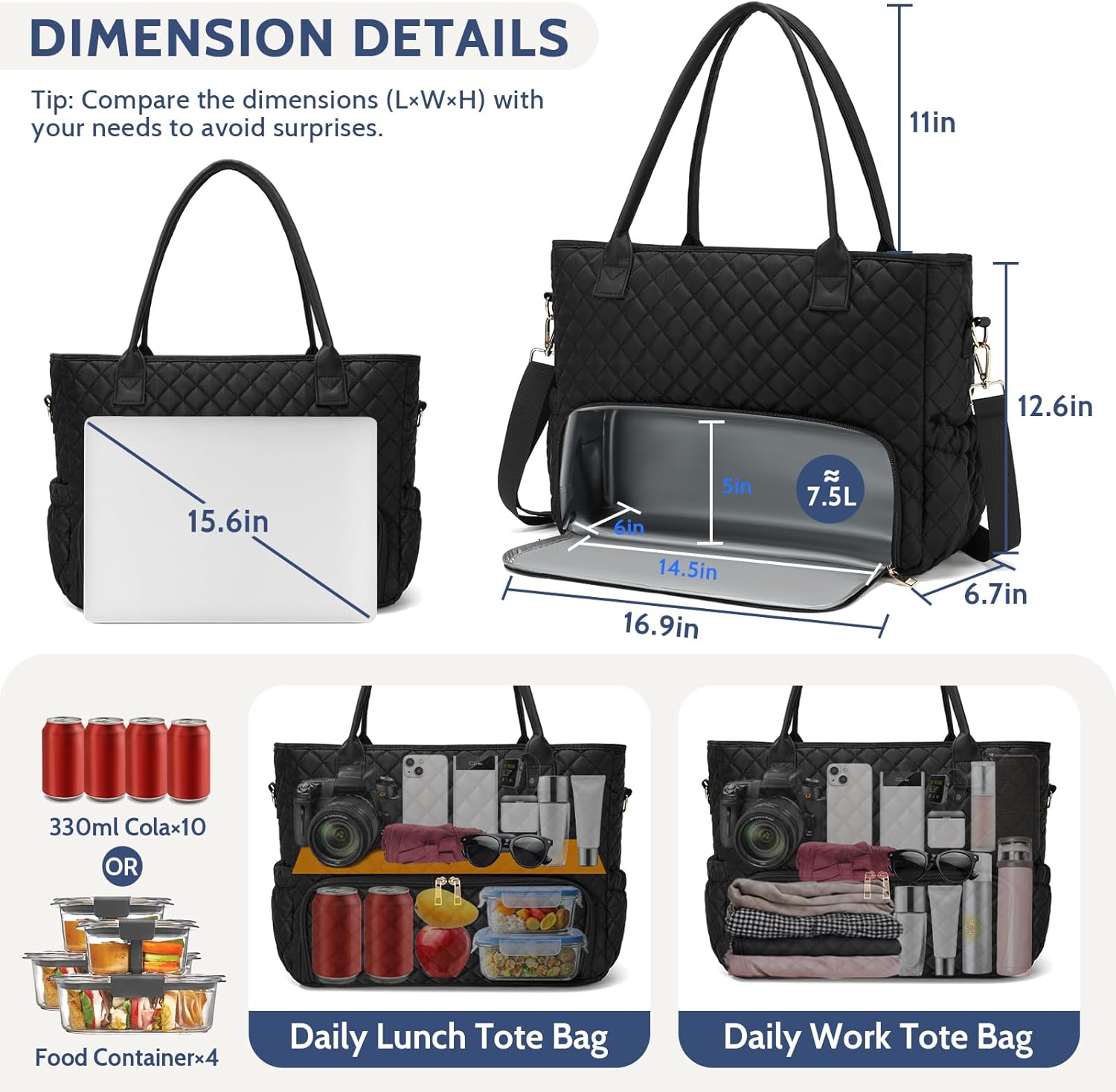 2-in-1 Lunch & Laptop Tote Bag 15.6" Work Bags for Women Polyester Casual Teacher Nurse Bag Laptop Briefcase - Image 3
