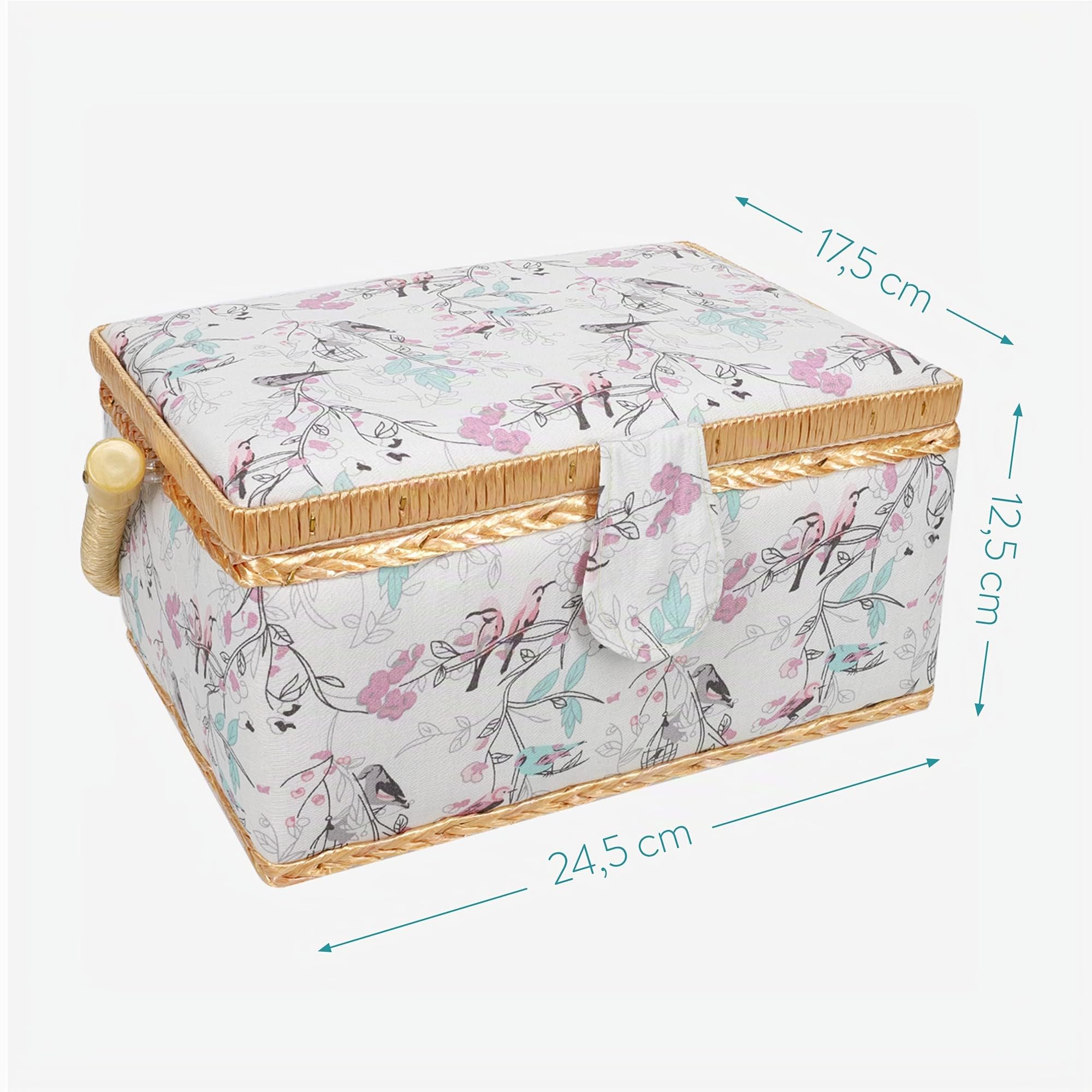 Navaris Costurero de Madera con 76 Accesorios - Caja de Costura Forrada en Tela de pájaros con 4 Compartimentos - Organizador con alfiletero Agujas