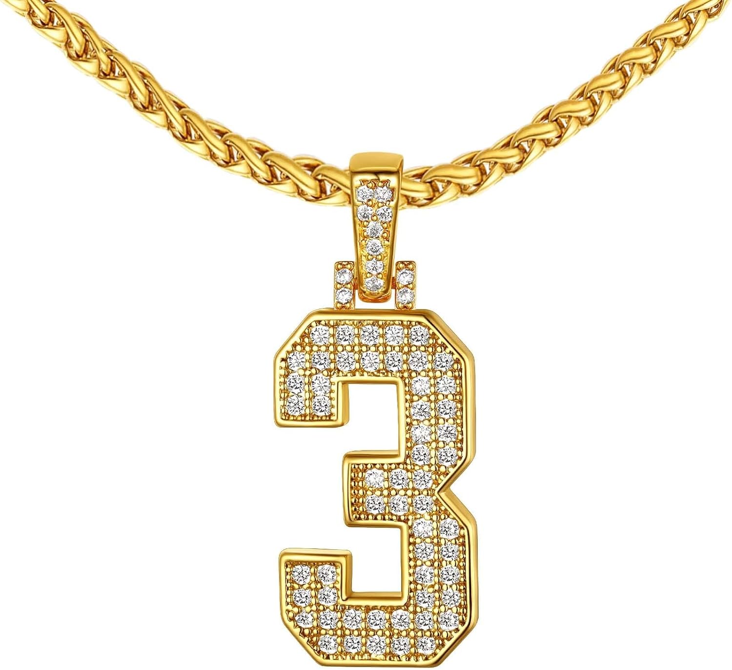 FindChic Bling Number Necklace Baseball Chain 14K Gold Plated Sports Football Pendant Hip Hop Cubic Zirconia Iced Custom Name Personalized Jewelry for Men Boys, Tennis Chain 18'' to 30'' + Gift Box