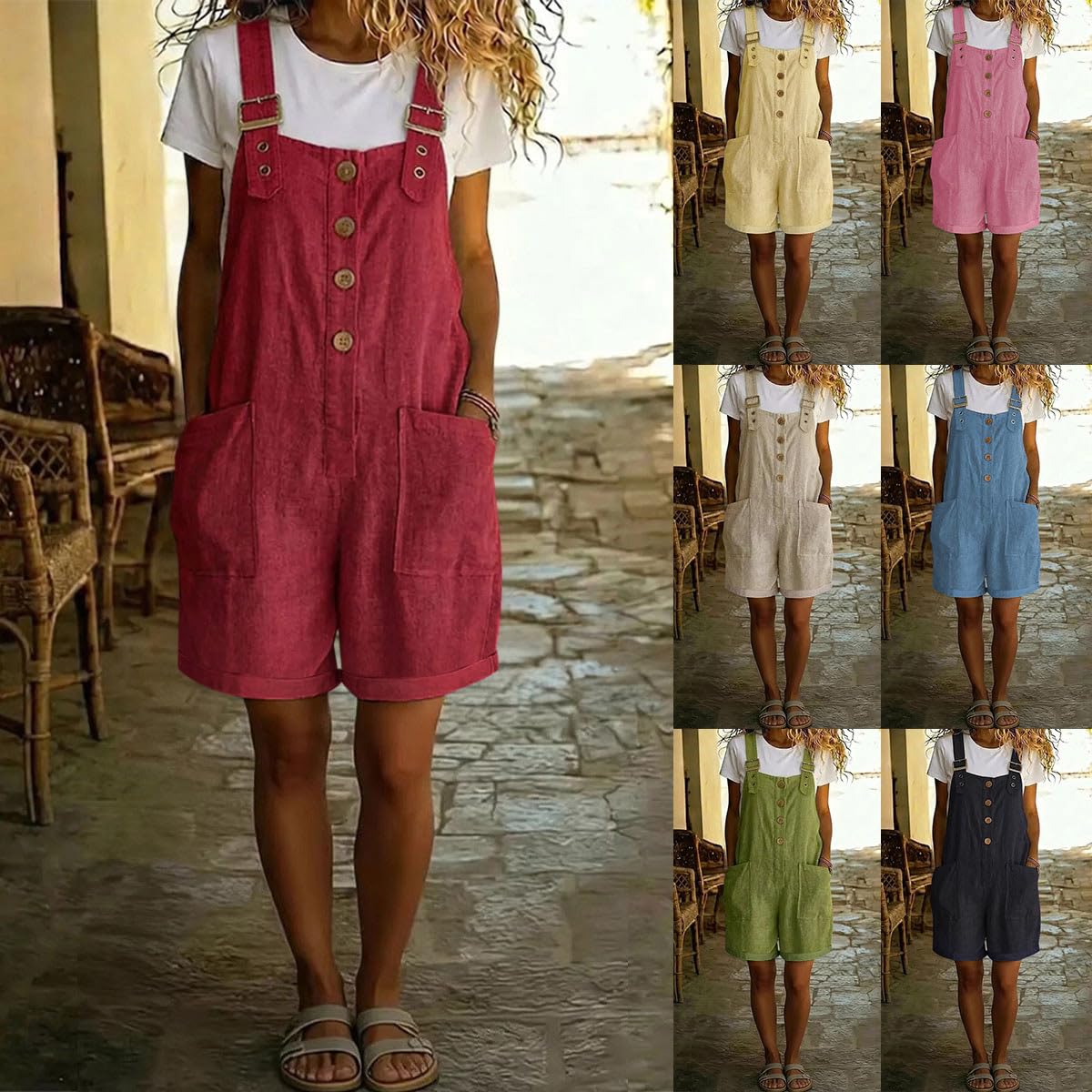 Onsoyours Salopette Corta in Lino Donna Senza Maniche Tuta Intera Jumpsuit Stile Casual per Tempo Libero e Lavoro