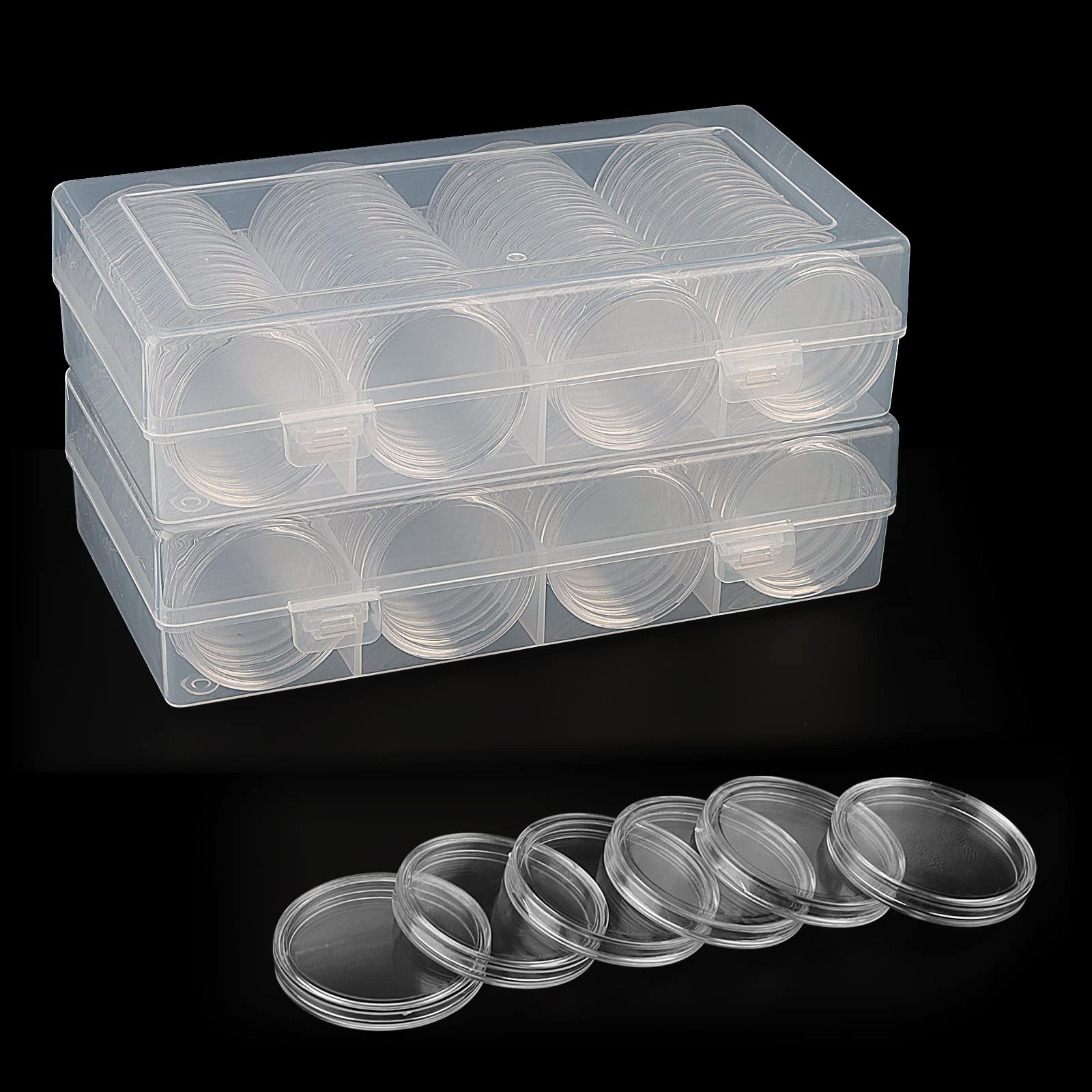 SOUJAP 120 Pieces Silver Dollar Coin Holder, 40mm Clear Plastic Coin Capsule, Coin Cases for Collectors, Round Coin Holder with Storage Organizer Box for Bar Coin Collection Supplies