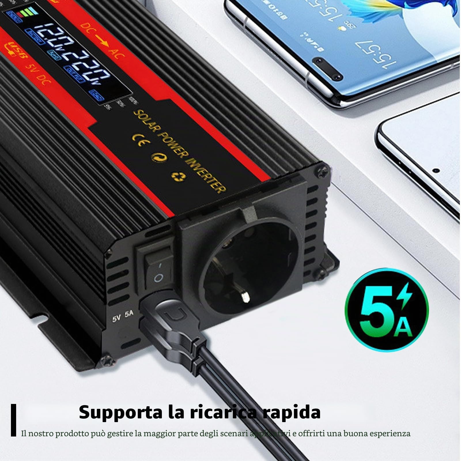Invertitore solare DC 12 V/24 V su AC 230 V 700 W/2000 W Adattatore USB, per auto, camion, roulotte, campeggio