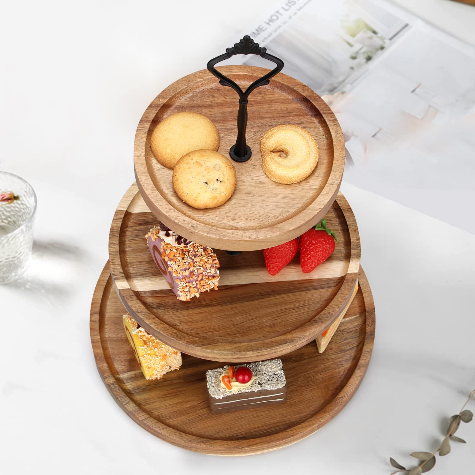 3 Tier Acacia Wood Cake Stand Three Tiered Stand Wooden Cupcake Stand Serving Tray Wedding Cake Holder Party Dessert Display Cake Stand Wooden Tiered Tray