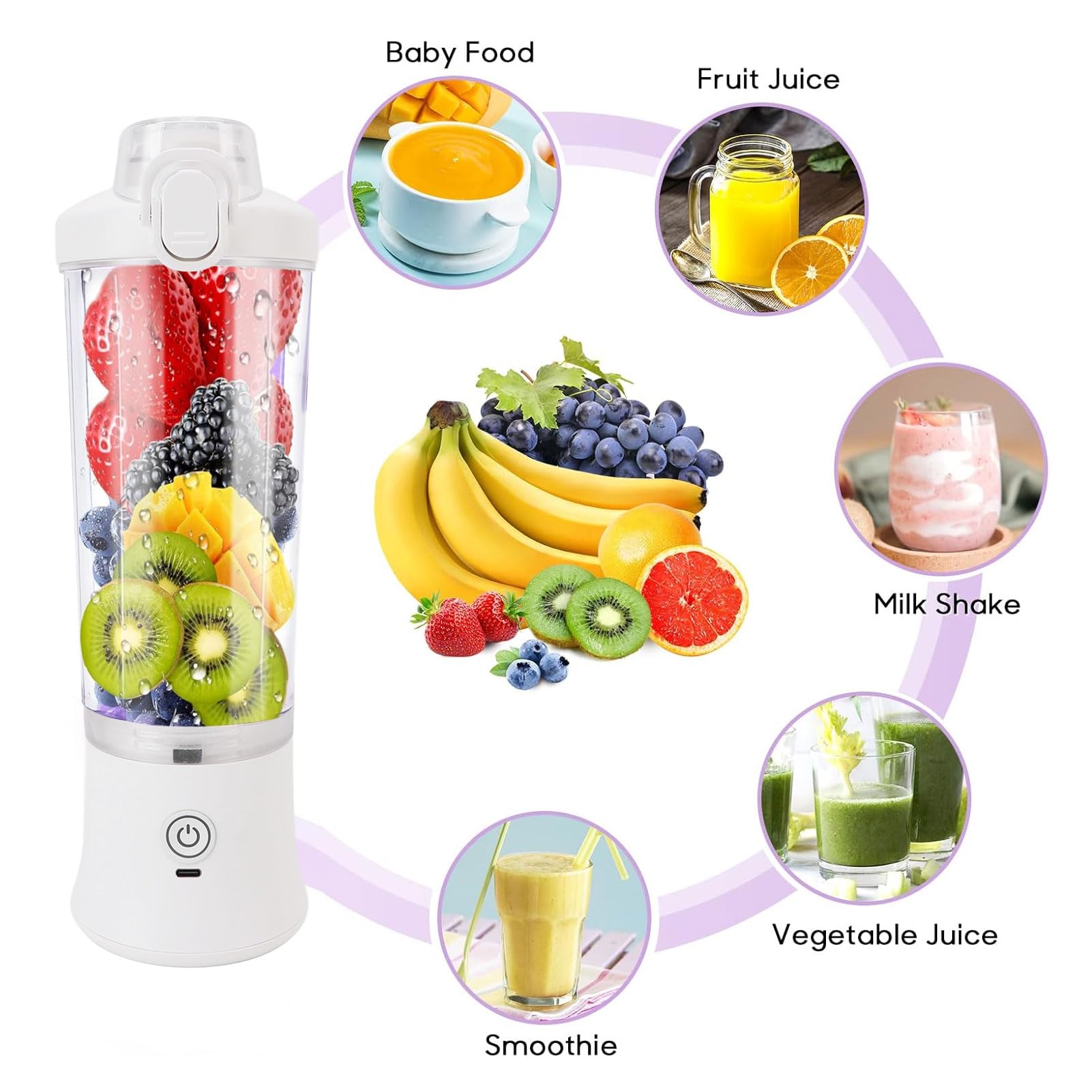 Mélangeur Portable, Moteur Puissant de 18 000 Tr/min, Mélangeur Personnel sans Fil, Rechargeable avec Câble USB, capacité de 600 Ml, éclairage RVB pour Shakes, Smoothies, Voyages, Sports