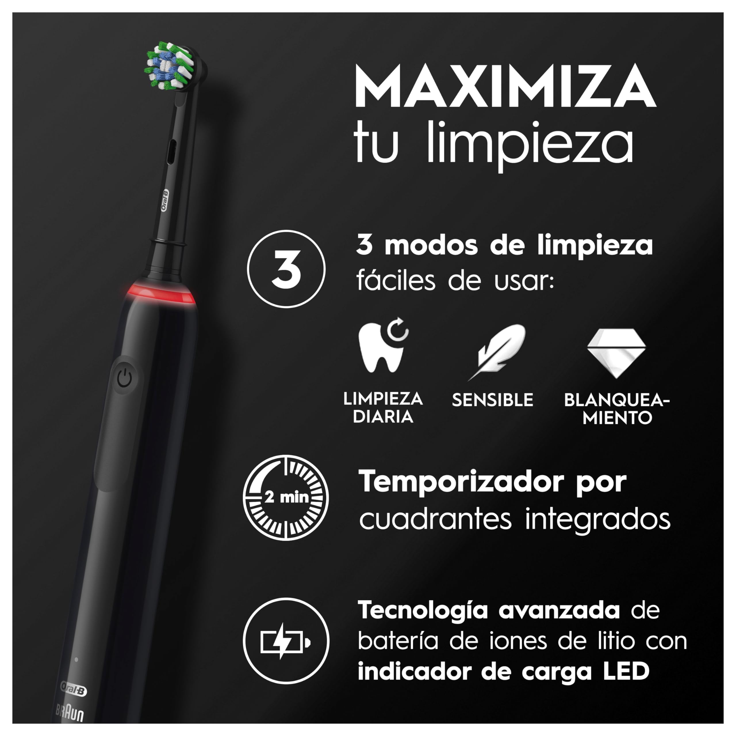 Oral-B Pro 3 3900N Cepillos de Dientes Eléctricos (Pack de 2) con Mango Recargable y 1 Cabezal de Recambio, Diseñado por Braun, Regalos Orginales - Negro