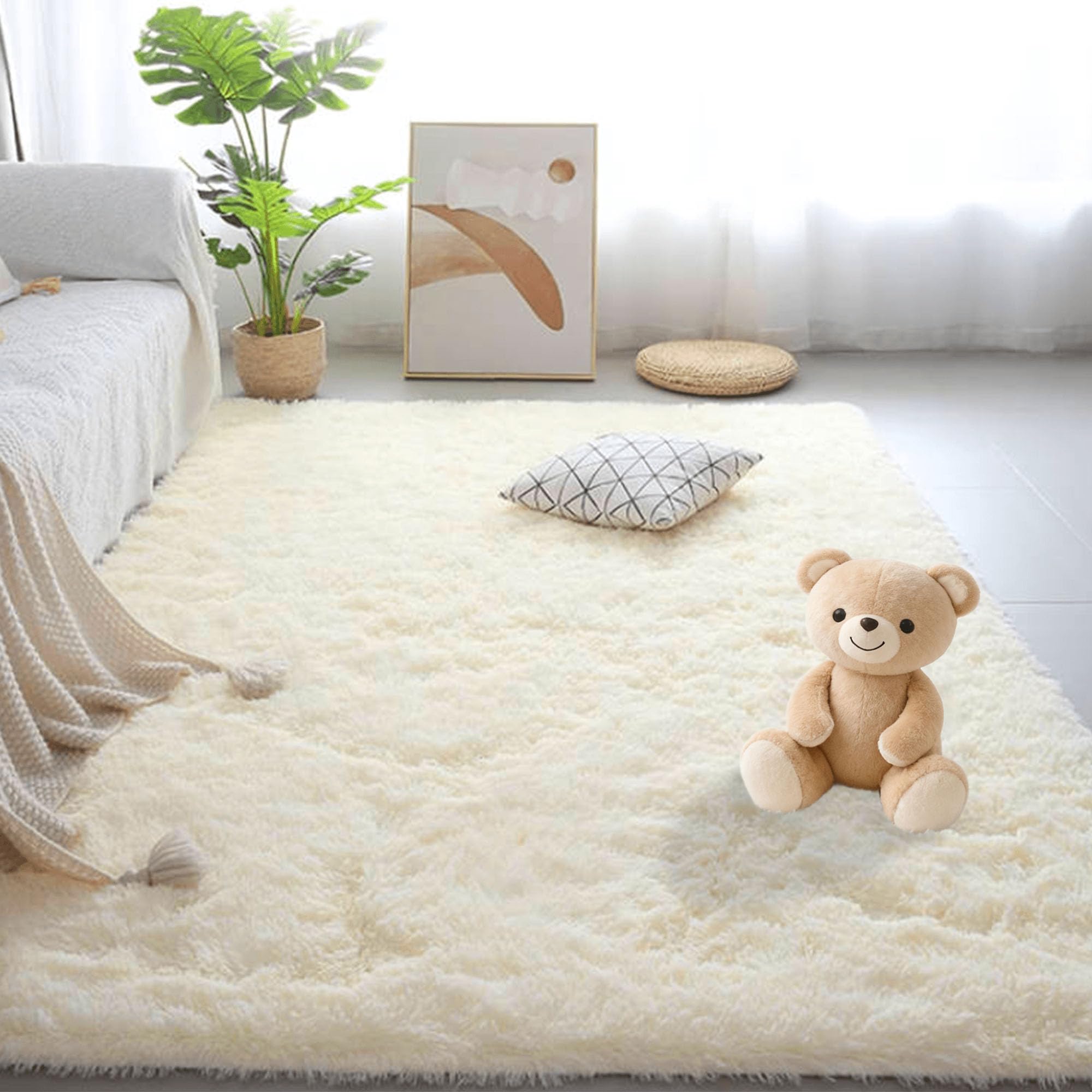 Tapis de salon 150x170 lavable crème et antidérapant pour chambre