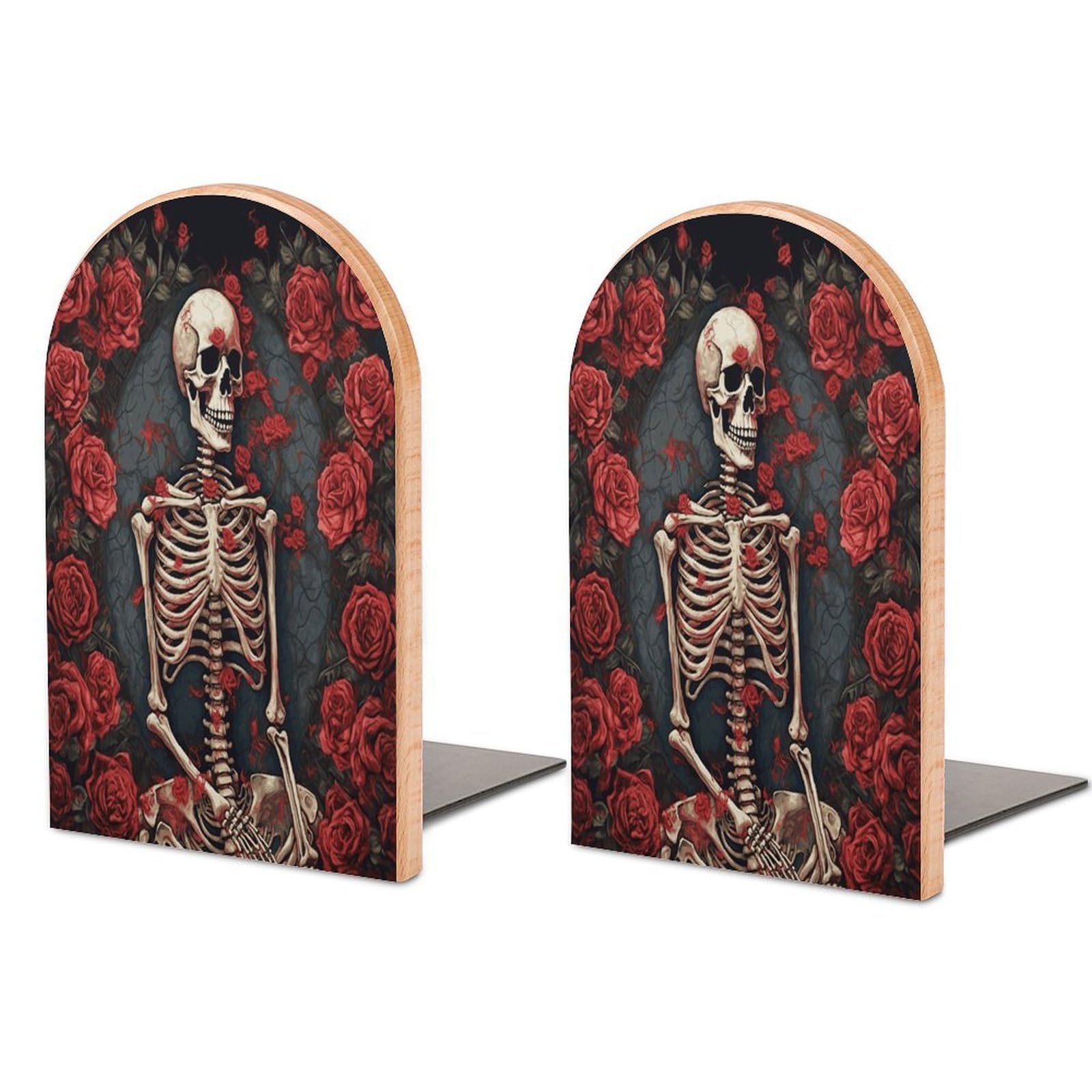 Skeleton with Roses Bookend for Shelves Non-Skid Book Holder Modern Heavy Duty Bookend Stopper Metal Base Wood Book End Books Shelf Holder Home Decorative 1pair 5x3.9x3.1