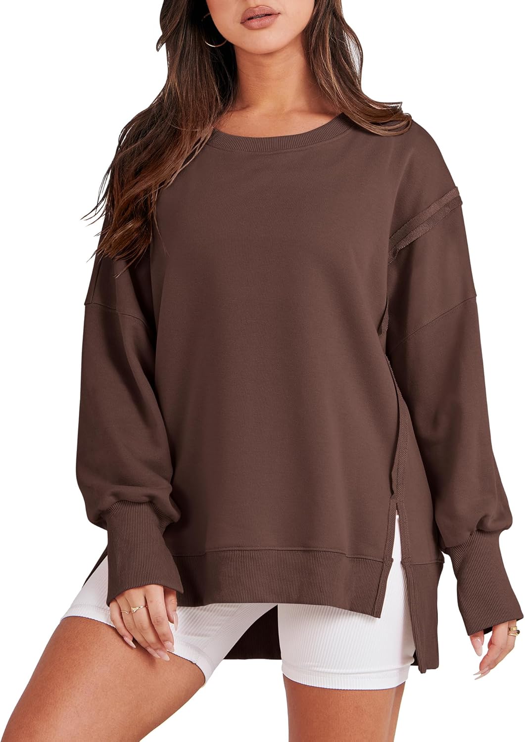 Caracilia Womens Sweatshirts Crewneck Long Sleeve Oversized Side Zipper Hoodies 2024 Fall Pullover Sweater Top X-Small Coffee