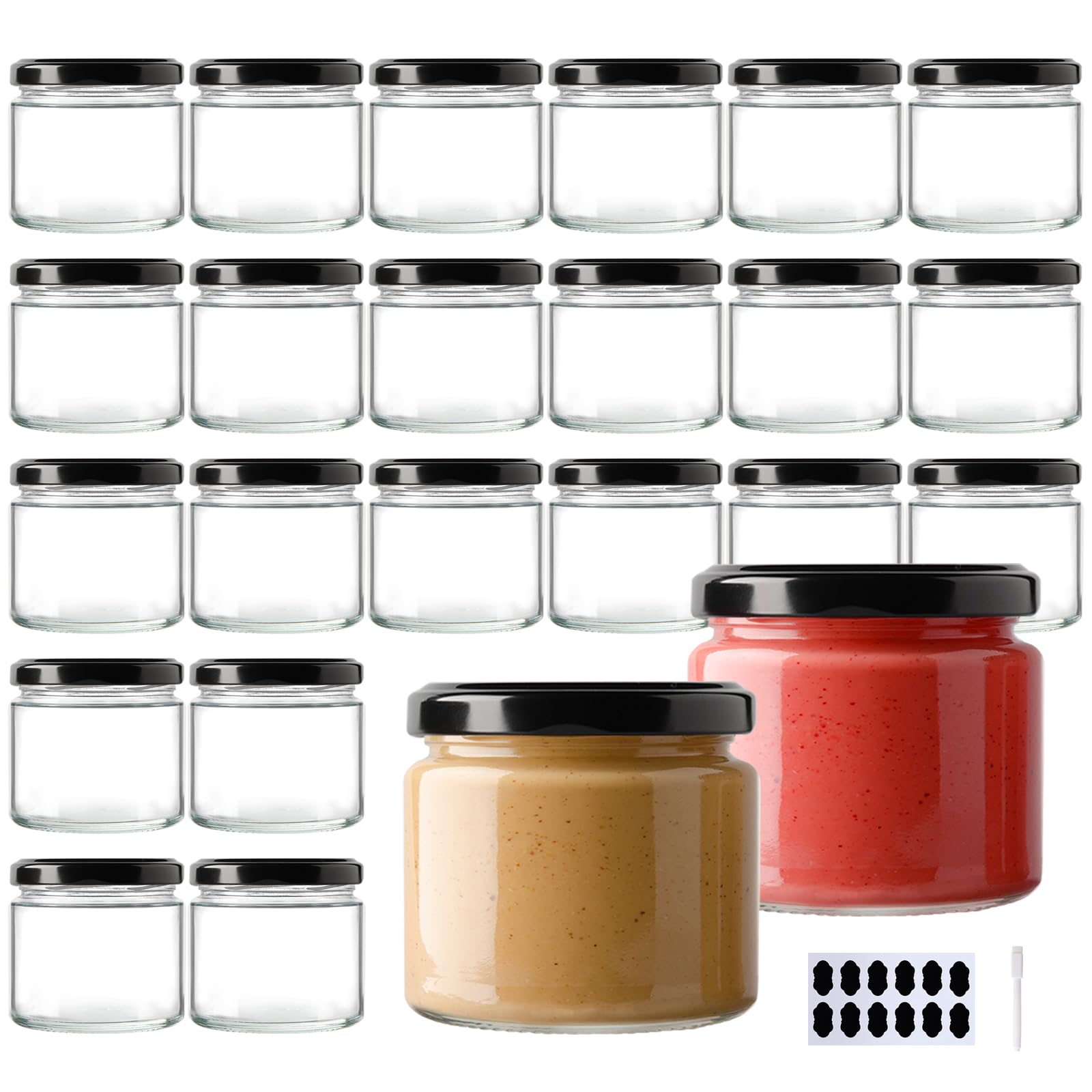 YBCPACK 24 Pack 150ml Glass Jam Jars with Airtight Lids, 5 oz Mini Jars with 1 Pen and 24 Stickers, Clear Small Storage Jars for Jam, Jelly, Honey, Spices, Chutney