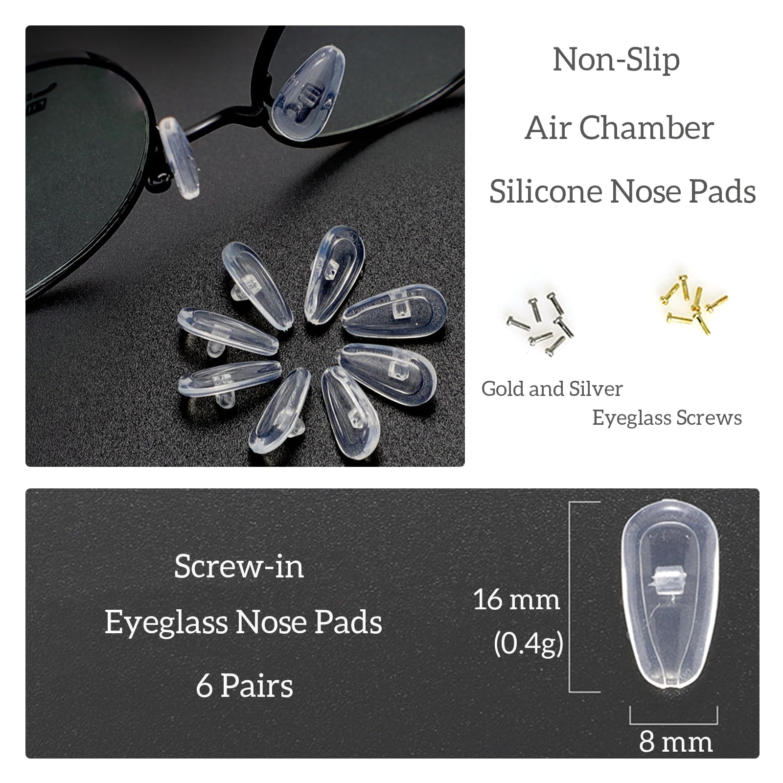 Almohadillas de nariz para gafas, 12 pares de almohadillas de nariz de silicona suave similar a la gelatina y cámara de aire, kit de repuesto de almohadillas de nariz para gafas atornilladas