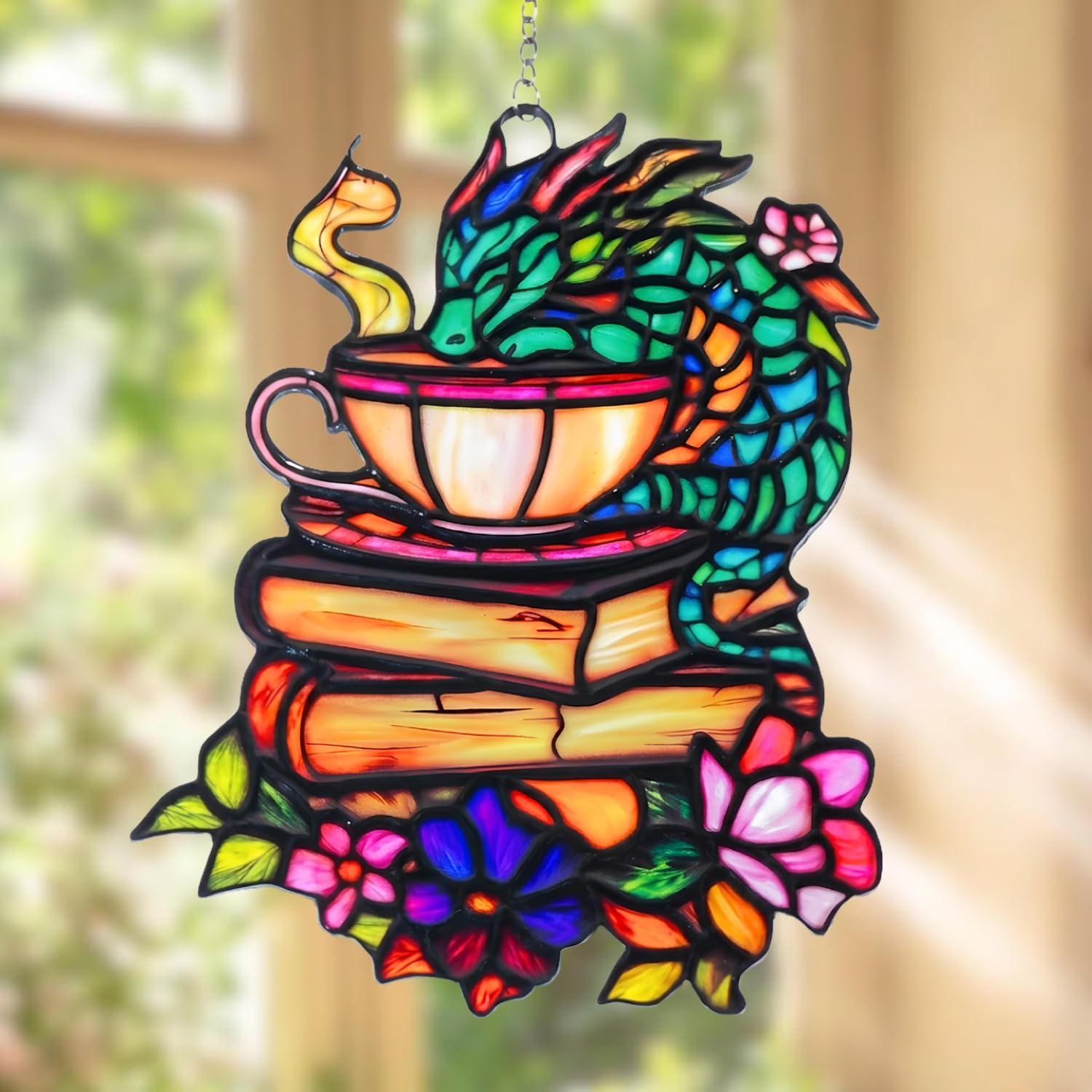 Dragon Teacup and Book Resin Suncatcher Indoor Colorful Window Hanging Ornament Outdoor Sun Catcher Panel for Home Decor Car Garden Crystal Gift-image-11