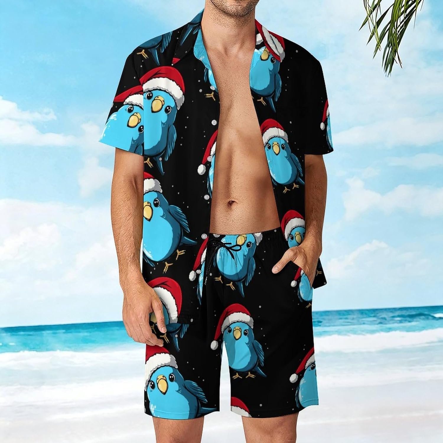 Christmas Blue Budgie Bird Men's Summer Beach 2 Piece Outfits | hawaiian button down shirt and shorts,vacation cruise,mens bathing suit