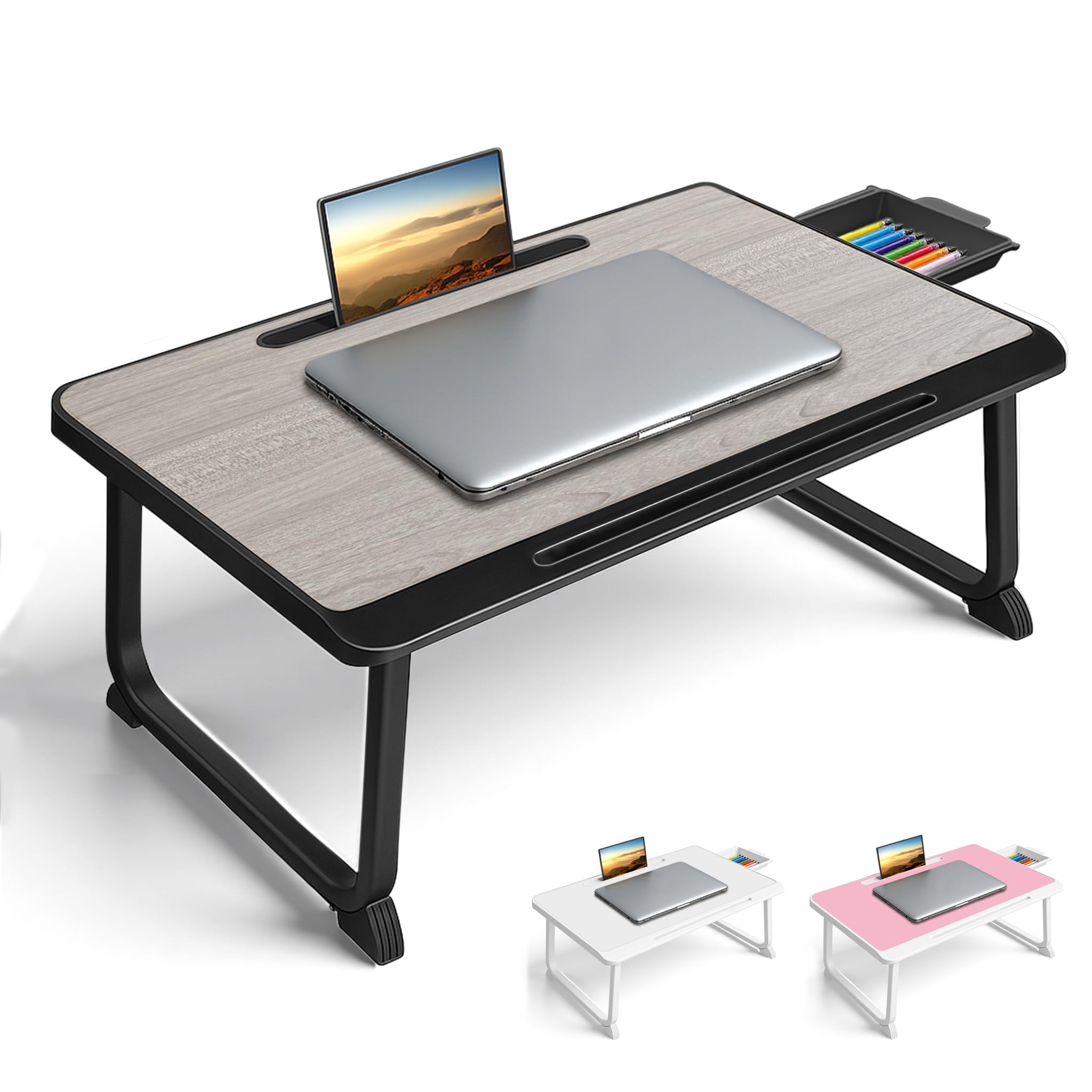 Escritorio de regazo con cajón para laptop, leer, escribir, comer y ver películas, mesa versátil para cama, sofá o suelo