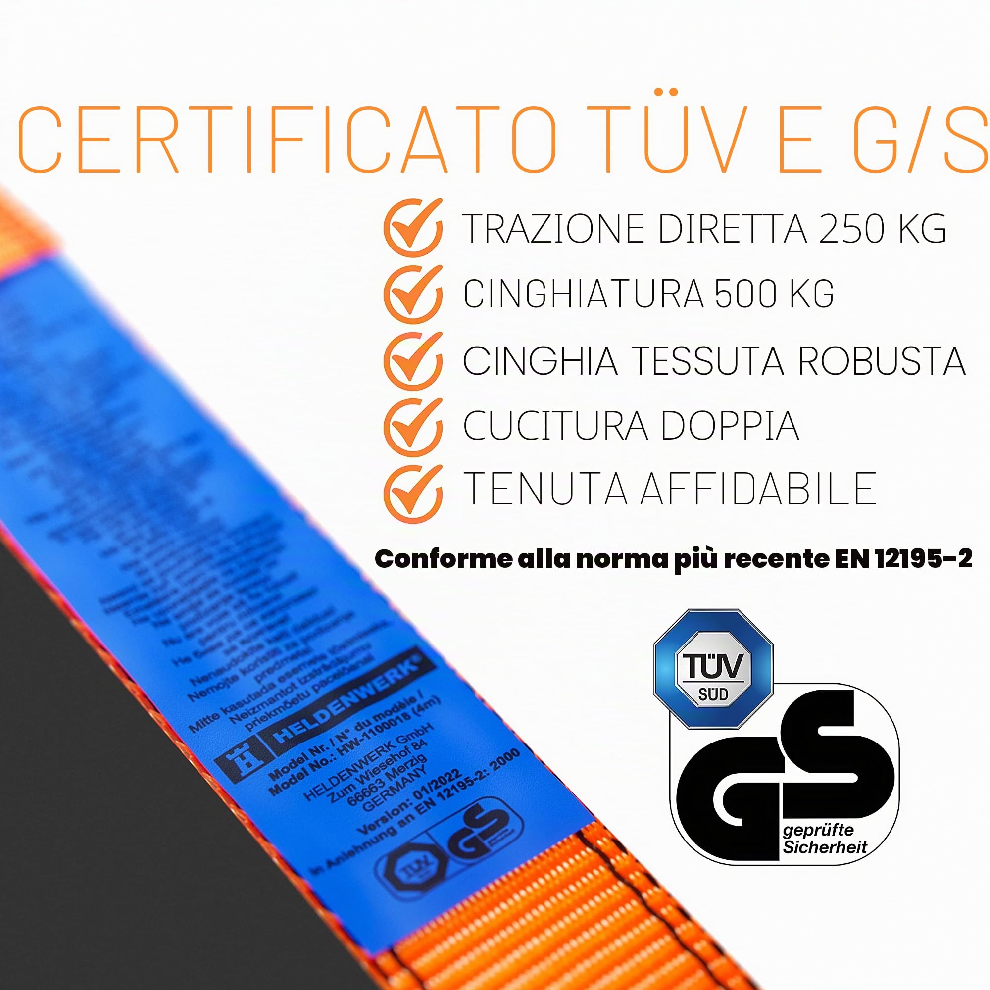 Heldenwerk Confezione da 4 cinghie di tensionamento con cricchetto in a 4M 5M o 6M certificate Tüv/GS doppia cucitura ancoraggio resistenti alle intemperie e