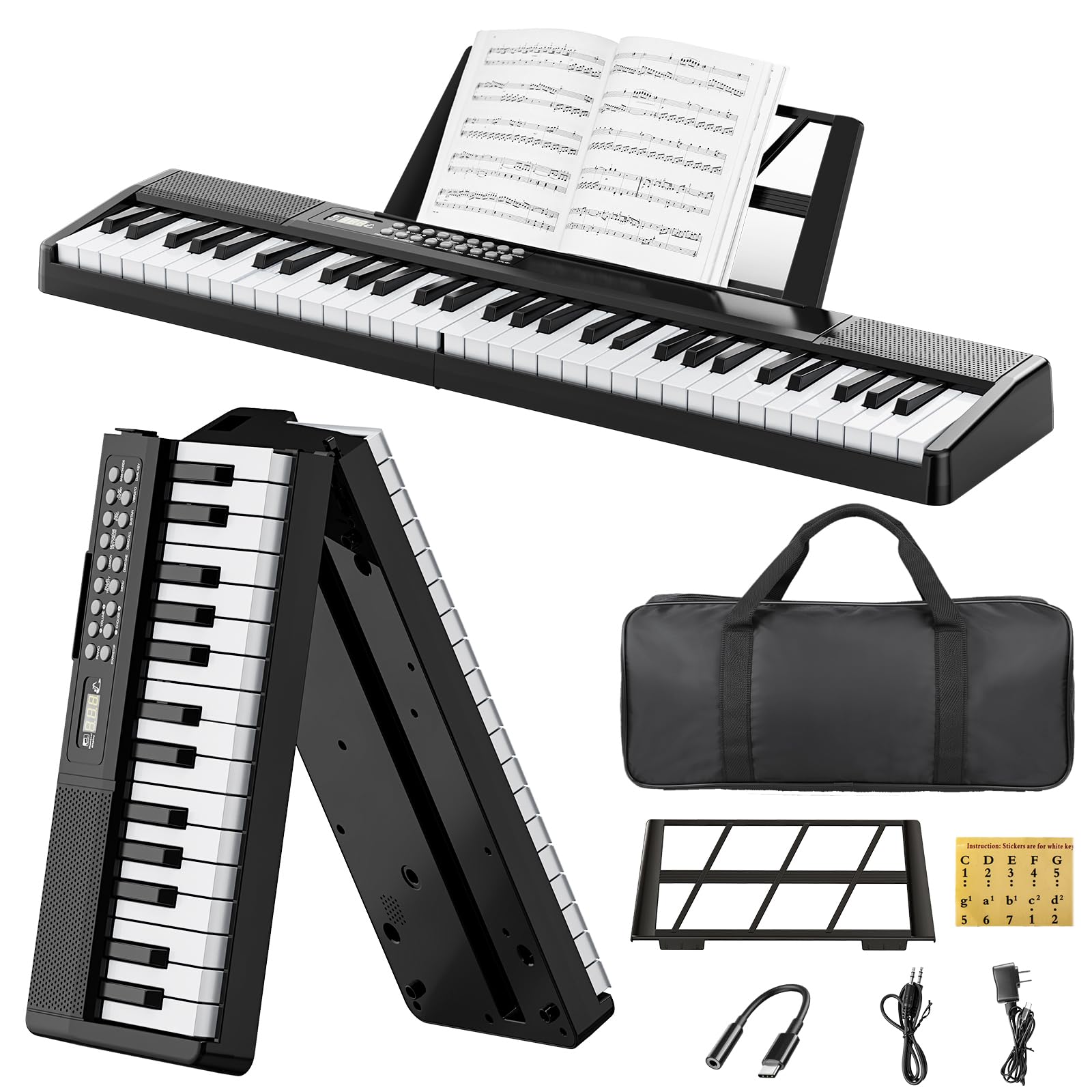 Elektronische Keyboard Piano, Klappbare 61 Tasten Digitale Klavier Mit Netzteil, Notenständer, Aufkleber, Tragetasche, Geschenk für Anfänger