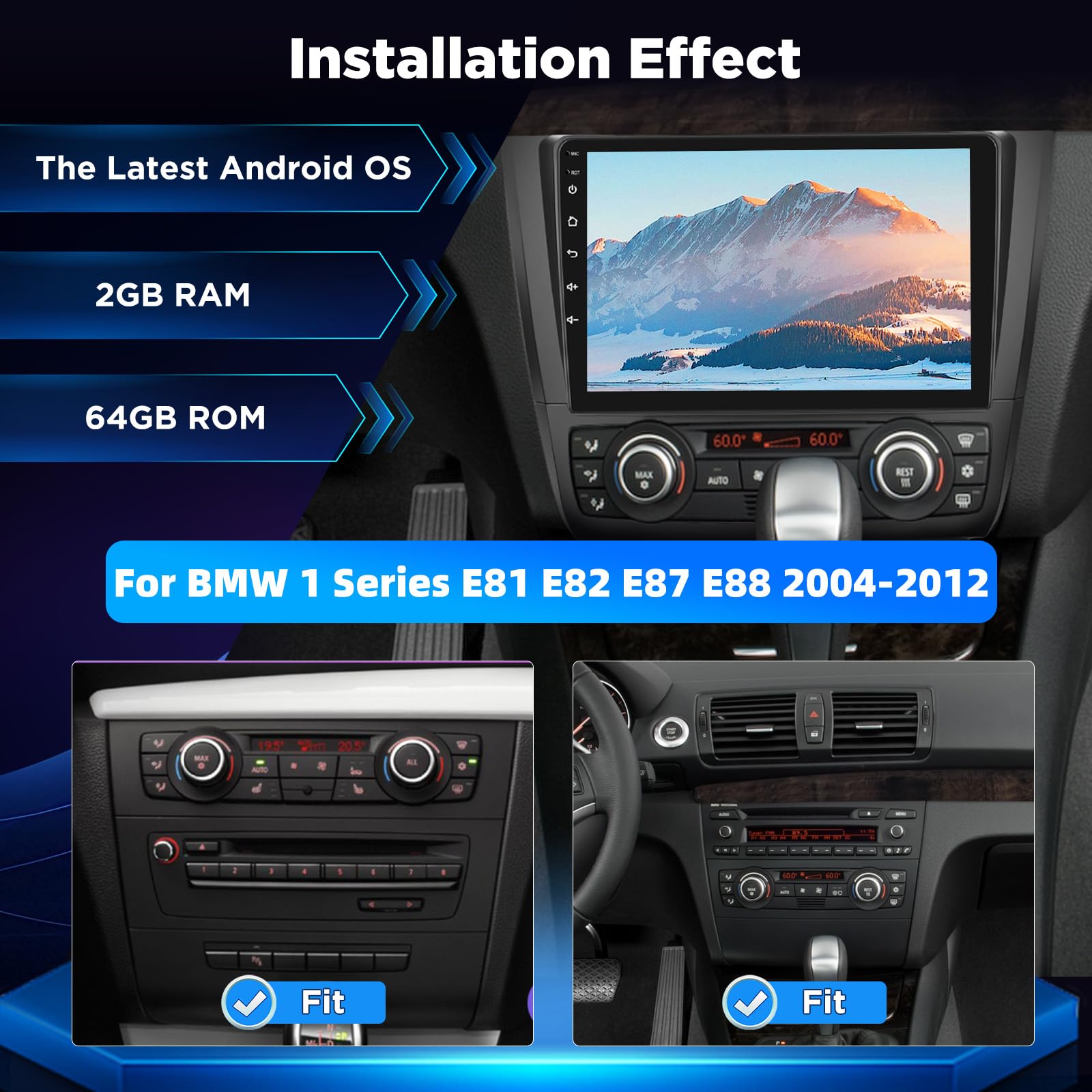 Autoradio Android per BMW Serie 1 E81 E82 E87 E88 2004-2012, Stereo touchscreen 9 pollici 2,5D con CarPlay e Android Auto wireless, Navigazione GPS, WiFi, DSP 32 bande + Telecamera posteriore AHD