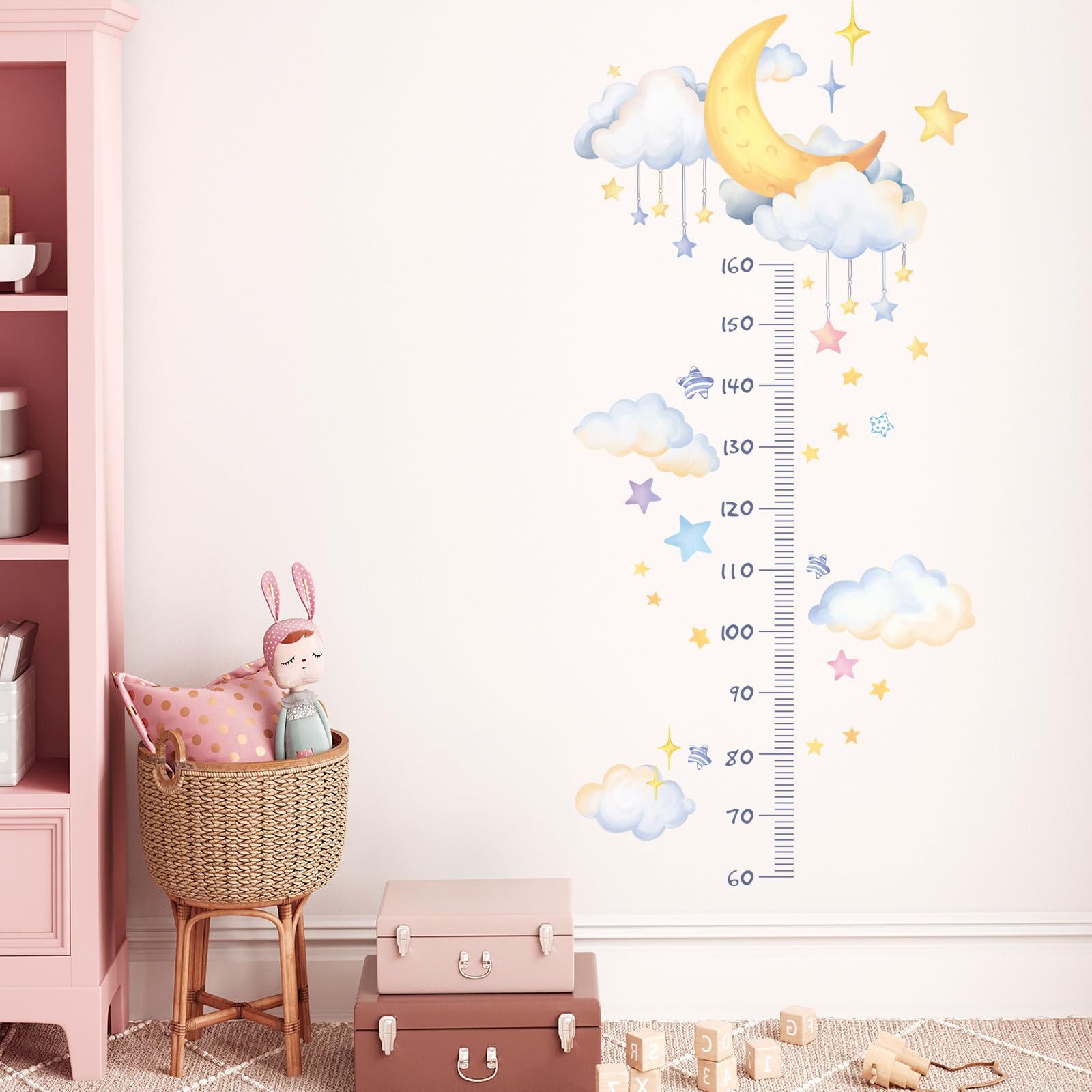 Pegatinas de Pared Medidor Altura Infantil Acuarela Adhesivos Pared Decorativo Luna Nubes Estrellas Vinilos para Habitación Bebé Niños Dormitorio Guardería