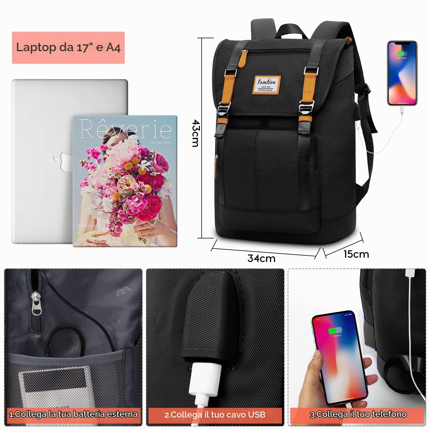 YAMTION Zaino Scuola Superiore per Donna e Uomo,Zaini per PC Portatili 17" per Lavoro Viaggi università Ufficio